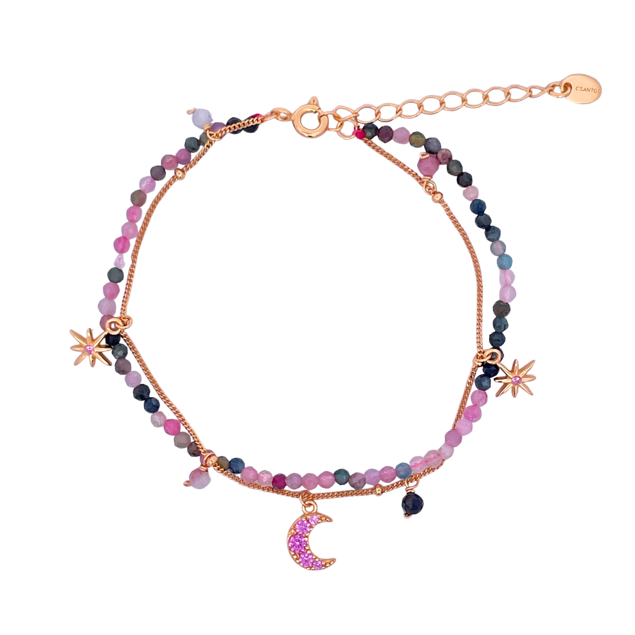 925YG DOUBLE LINE WITH CENTER MOON AND MULTI CHARM BRACELET TOURMALINE