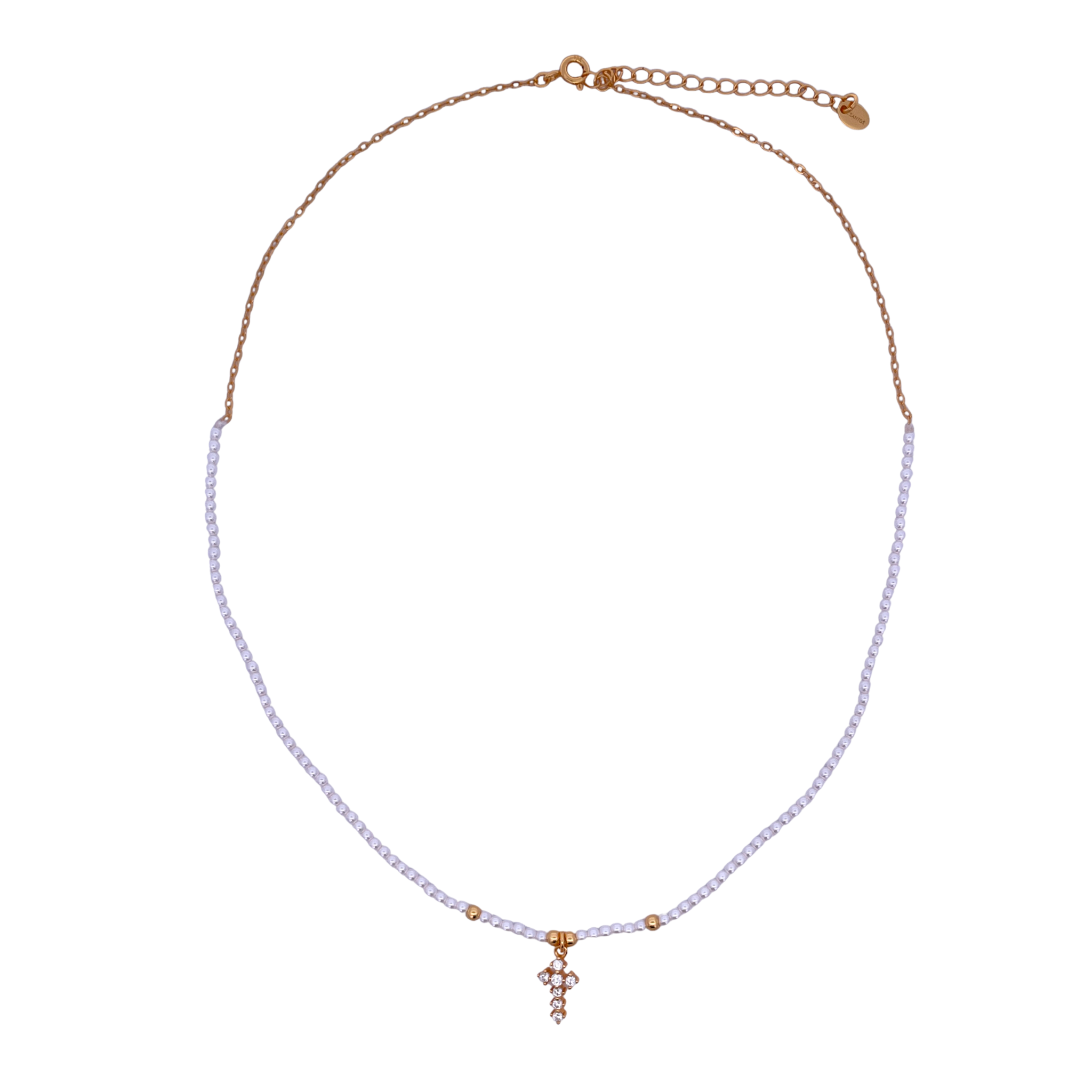 925YG HALF BEANDS WITH CROSS NECKLACE SYN PEARL