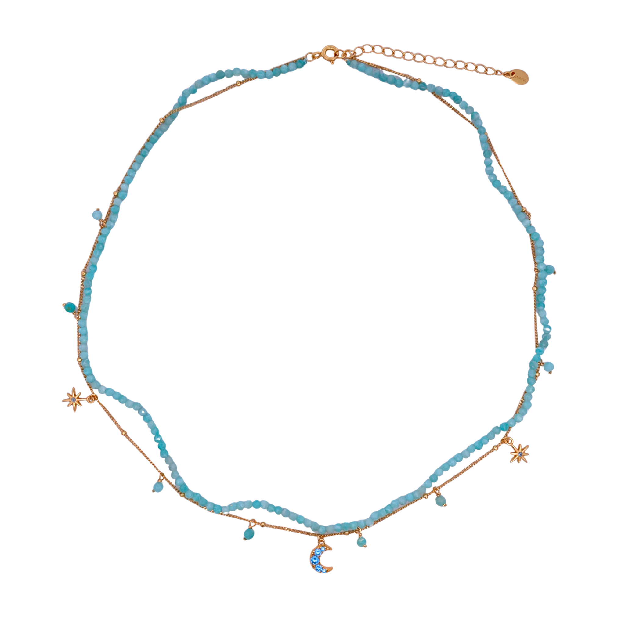 925YG DOUBLE LINE WITH CENTER MOON AND MULTI CHARM NECKLACE AMAZONITE