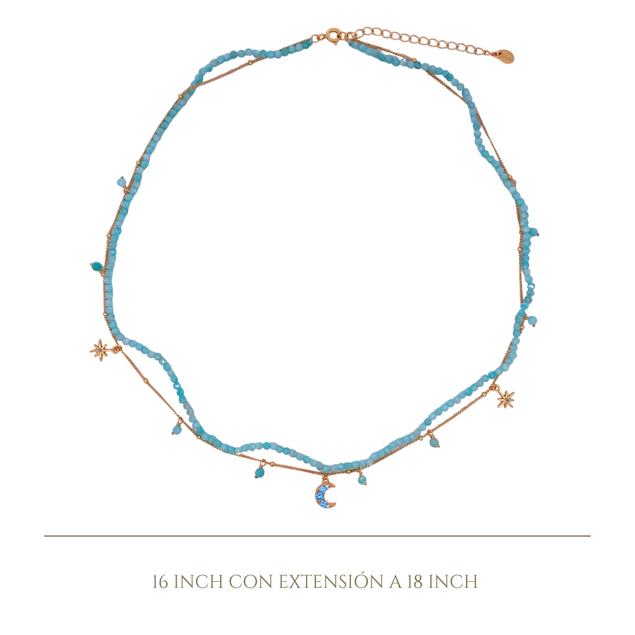925YG DOUBLE LINE WITH CENTER MOON AND MULTI CHARM NECKLACE AMAZONITE