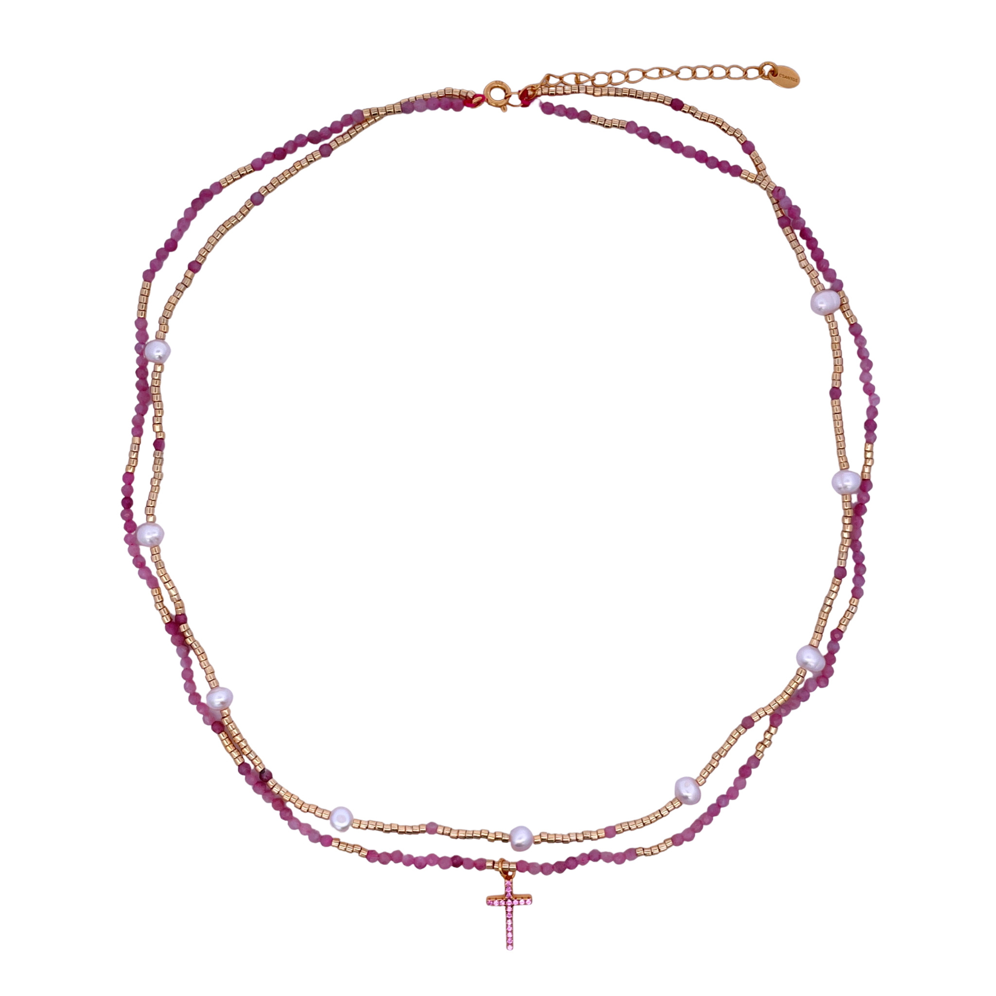 925YG DOUBLE LINE AND CROSS NECKLACE PINK TOURMALINE