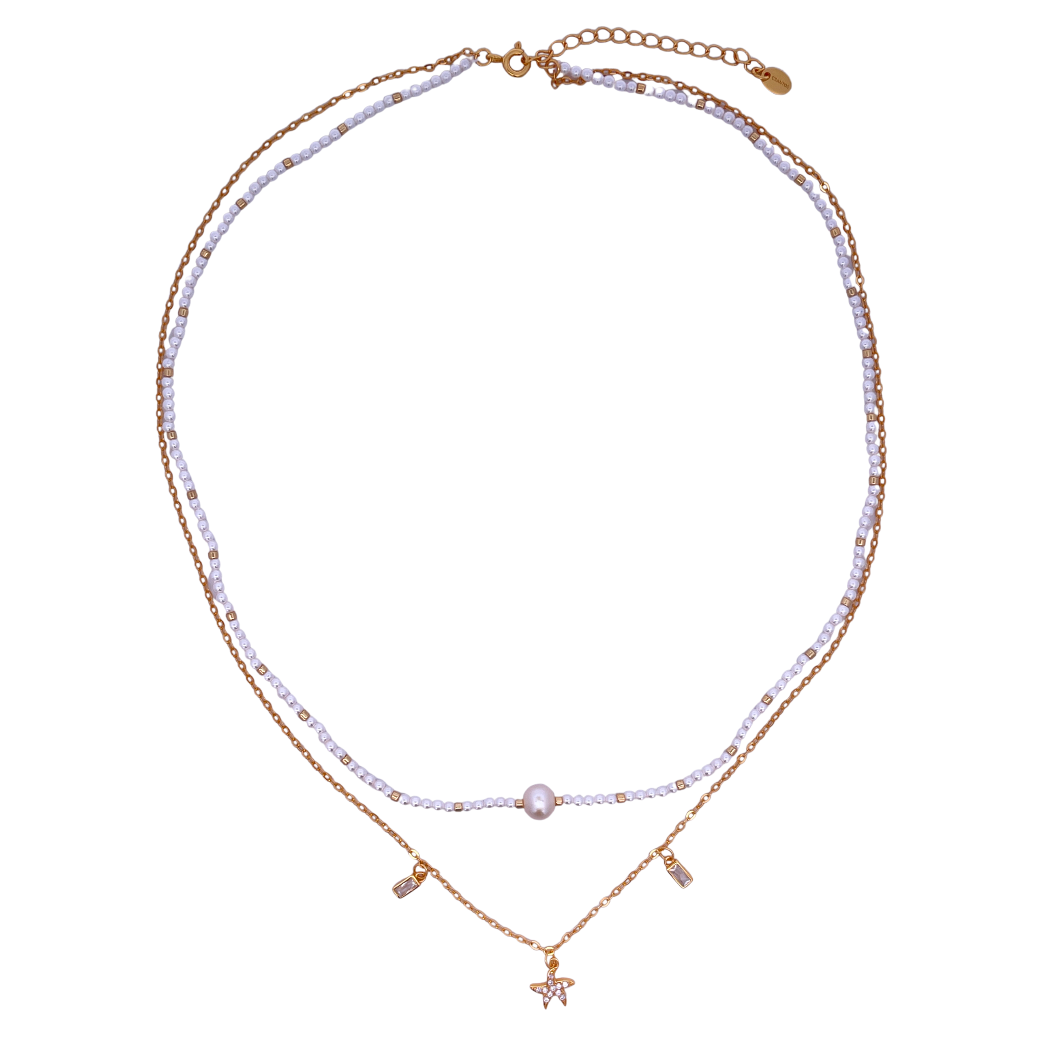925YG DOUBLE LINE WITH STAR AND BAGUETTES NECKLACE SHELL PEARL SYN PEARL