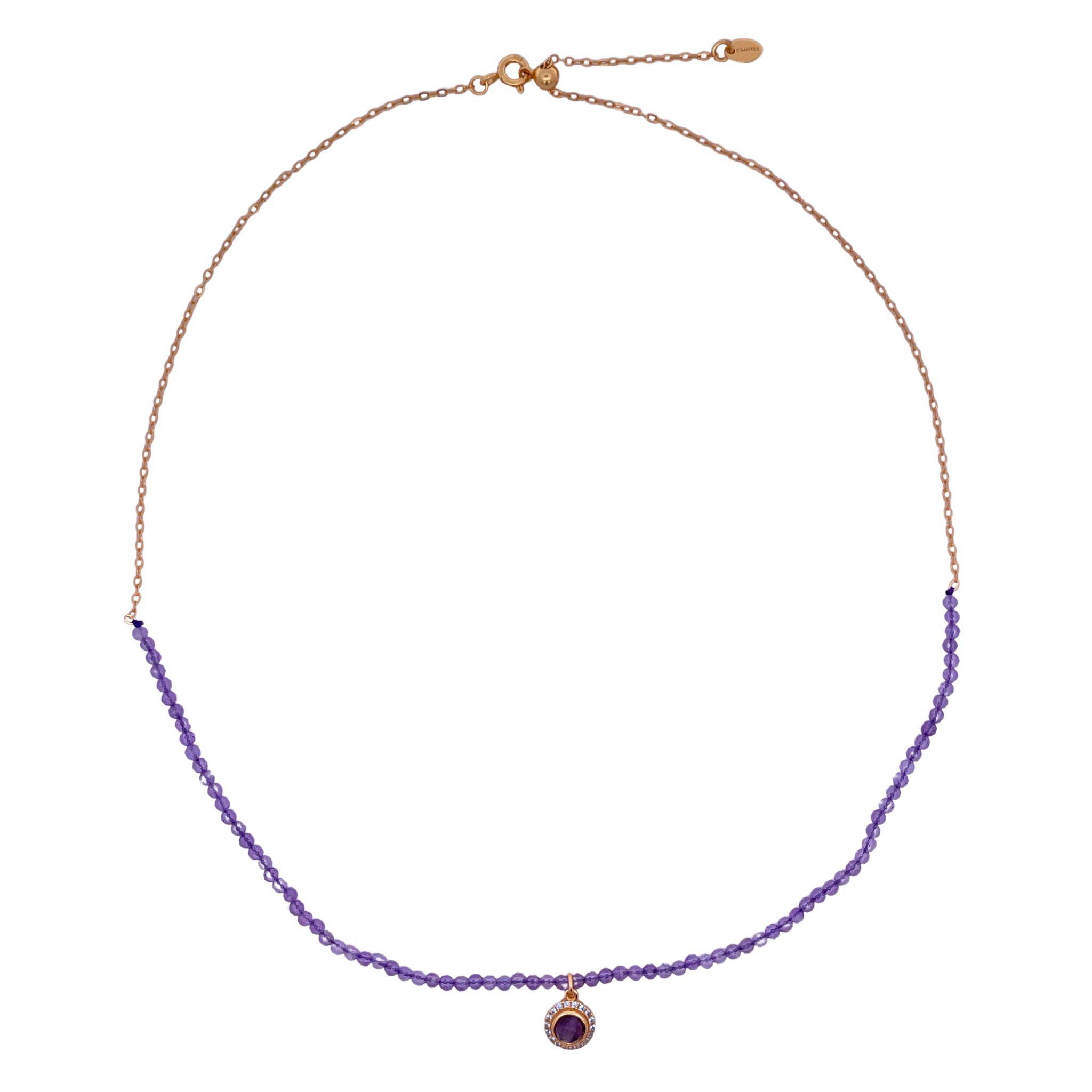 925YG HALF BEANDS WITH SOLITARY HALO NECKLACE AMETHYST
