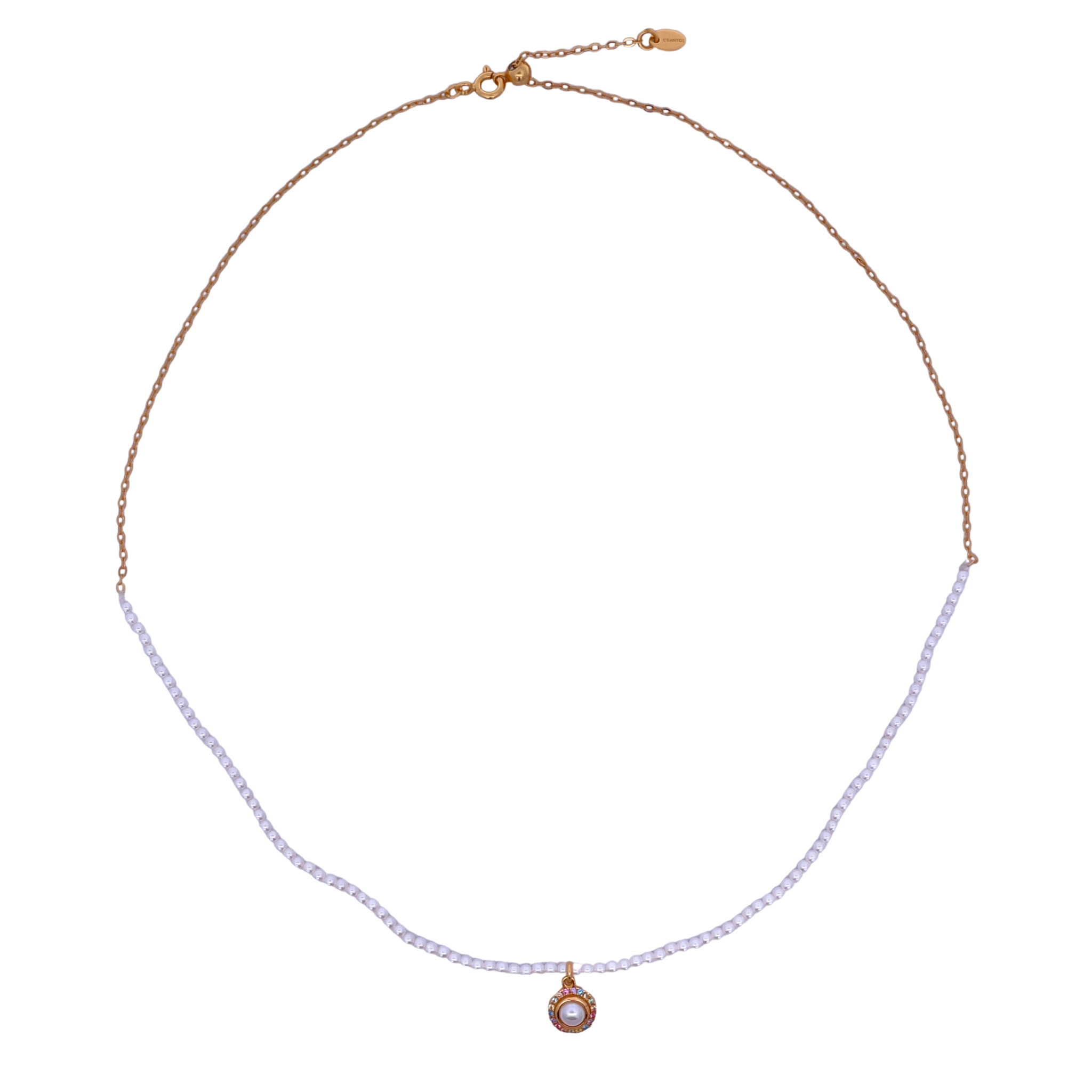 925YG HALF BEANDS WITH SOLITARY HALO NECKLACE SYN PEARL