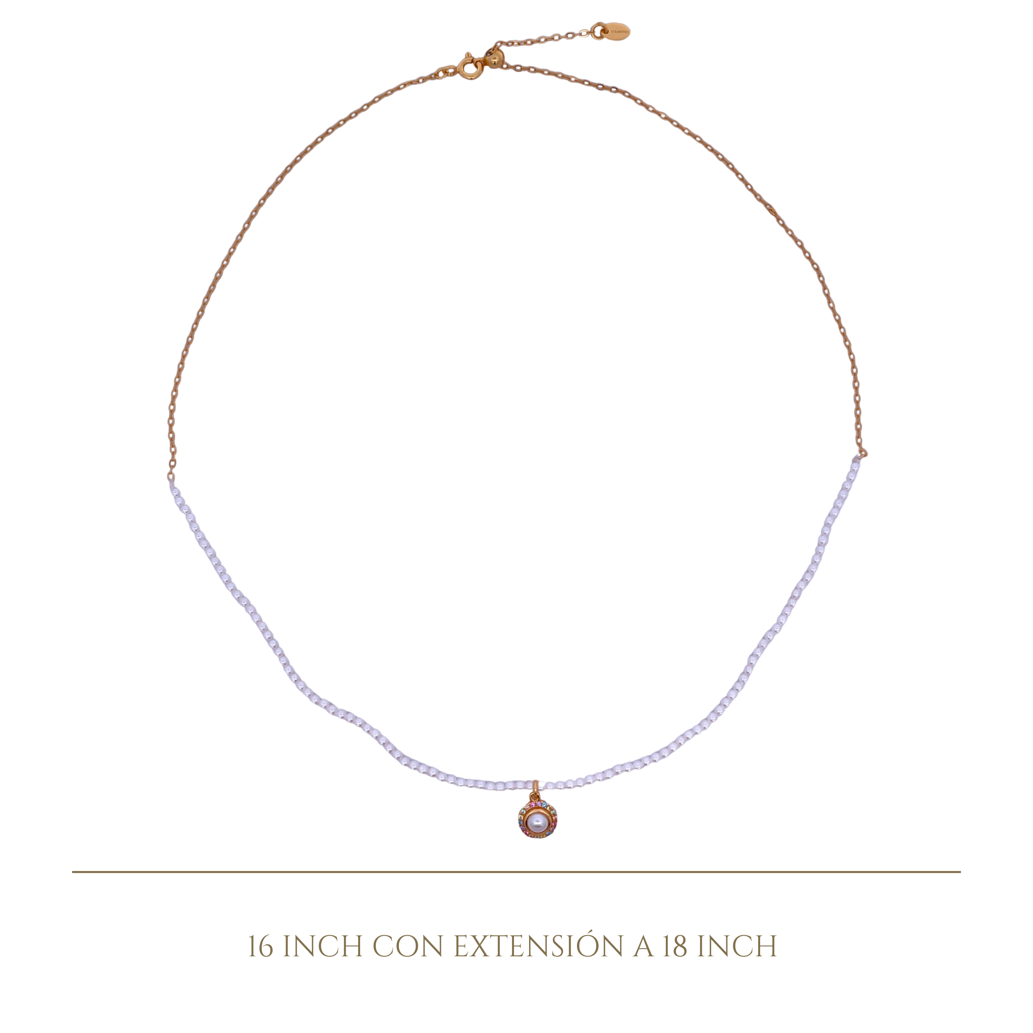925YG HALF BEANDS WITH SOLITARY HALO NECKLACE SYN PEARL