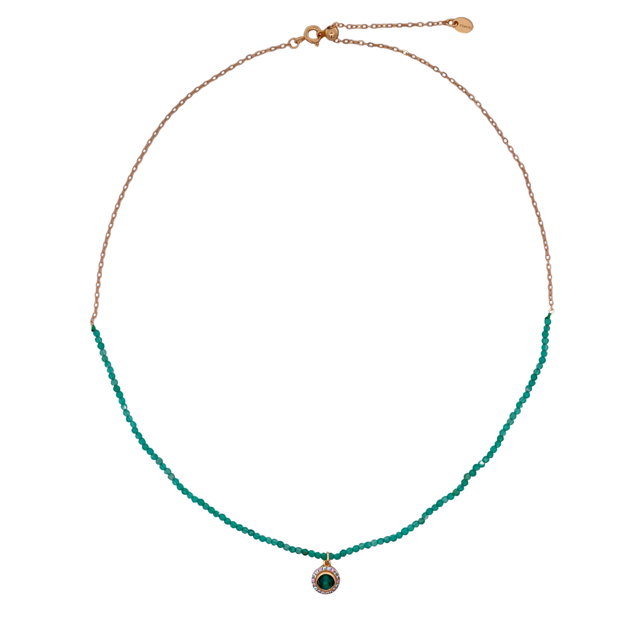 925YG HALF BEANDS WITH SOLITARY HALO NECKLACE TOU GREEN