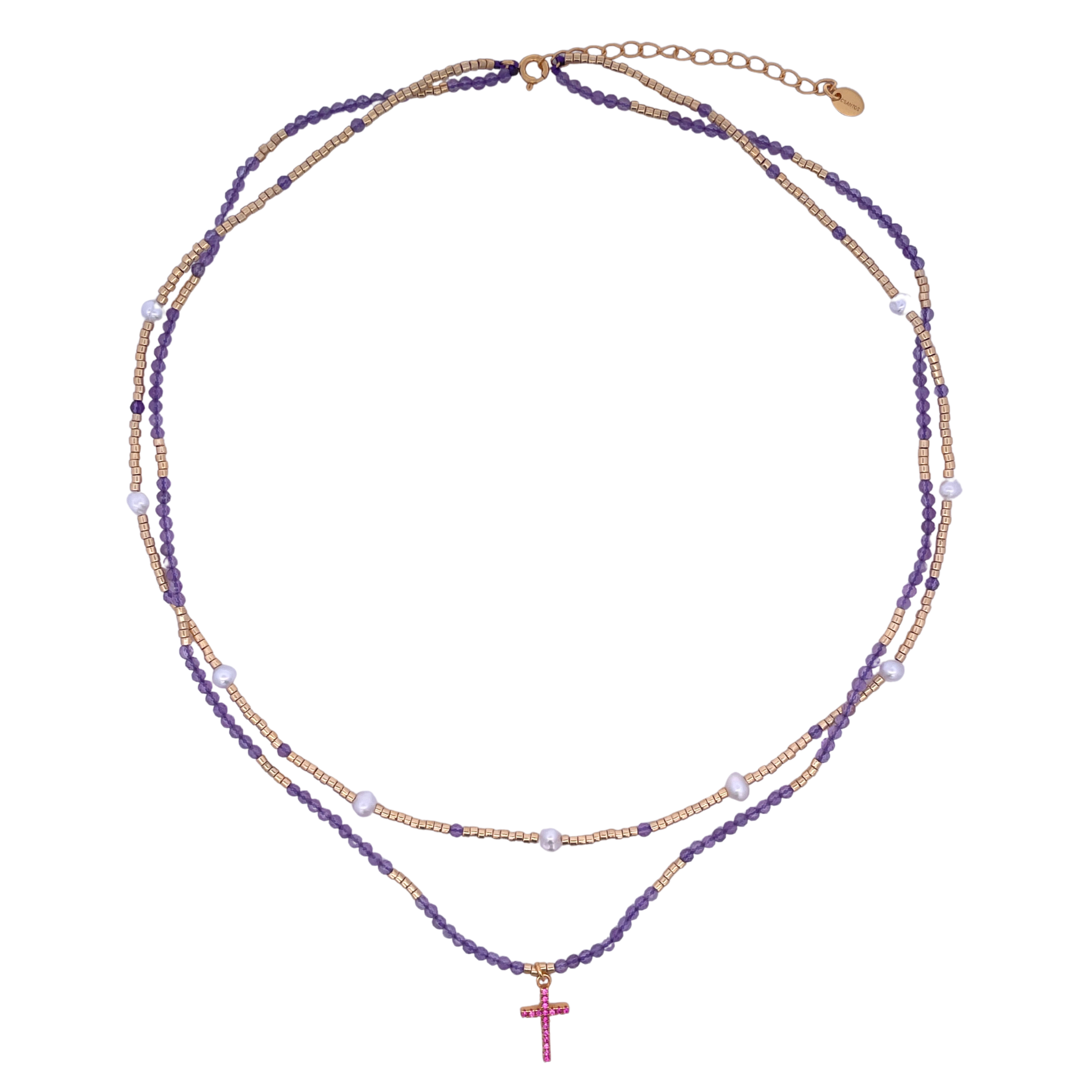 925YG DOUBLE LINE AND CROSS NECKLACE AMETHYST