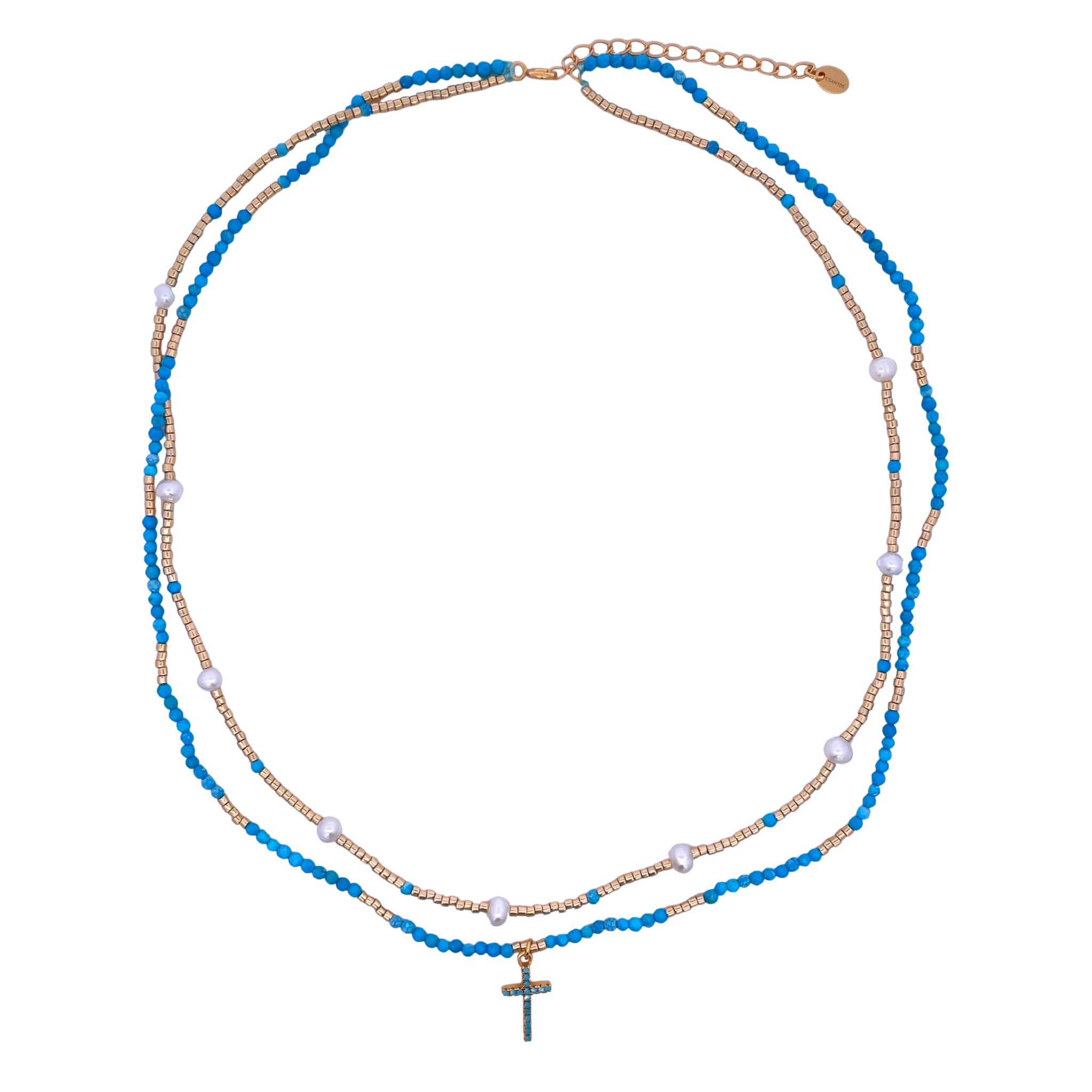 925YG DOUBLE LINE AND CROSS NECKLACE TURQUOISE