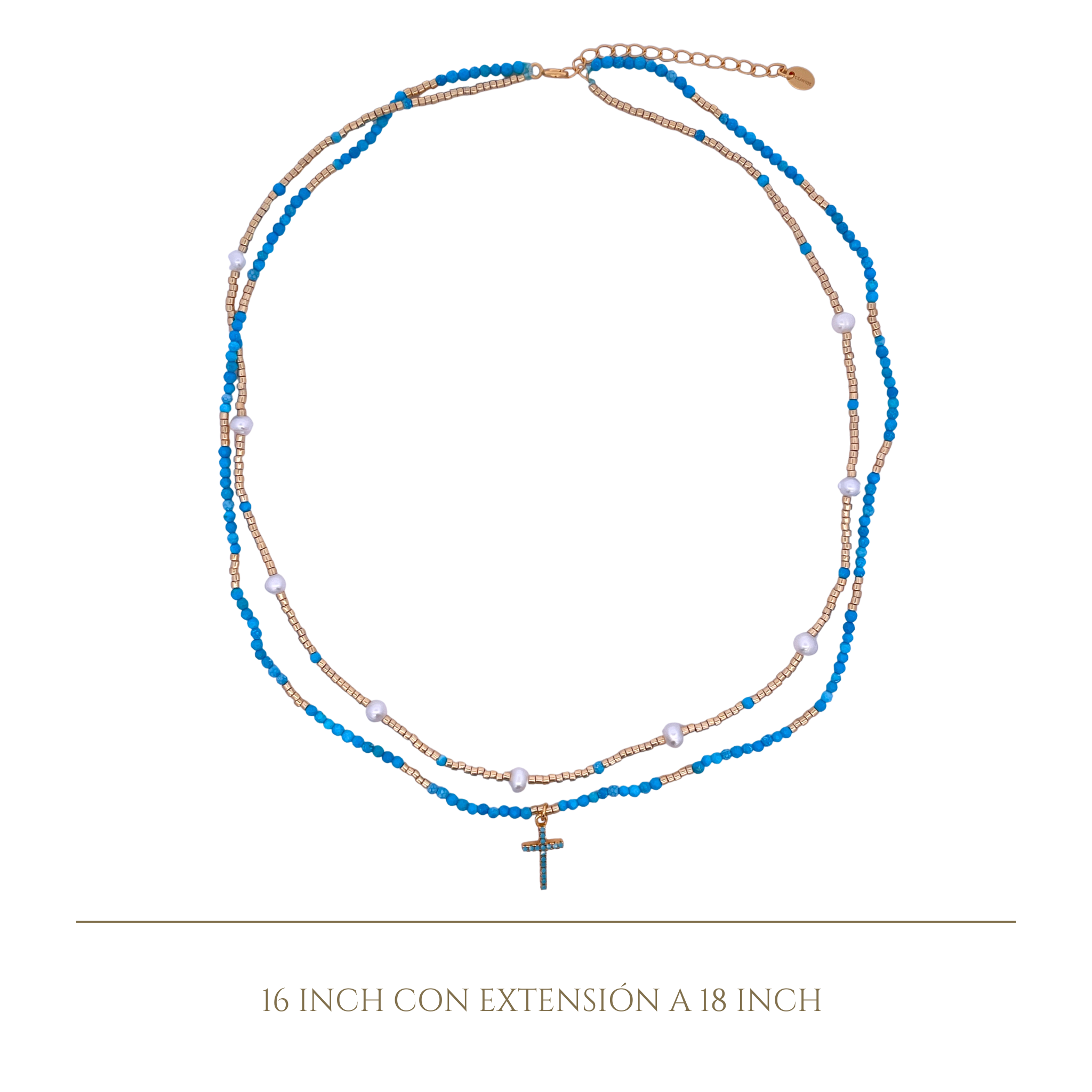 925YG DOUBLE LINE AND CROSS NECKLACE TURQUOISE