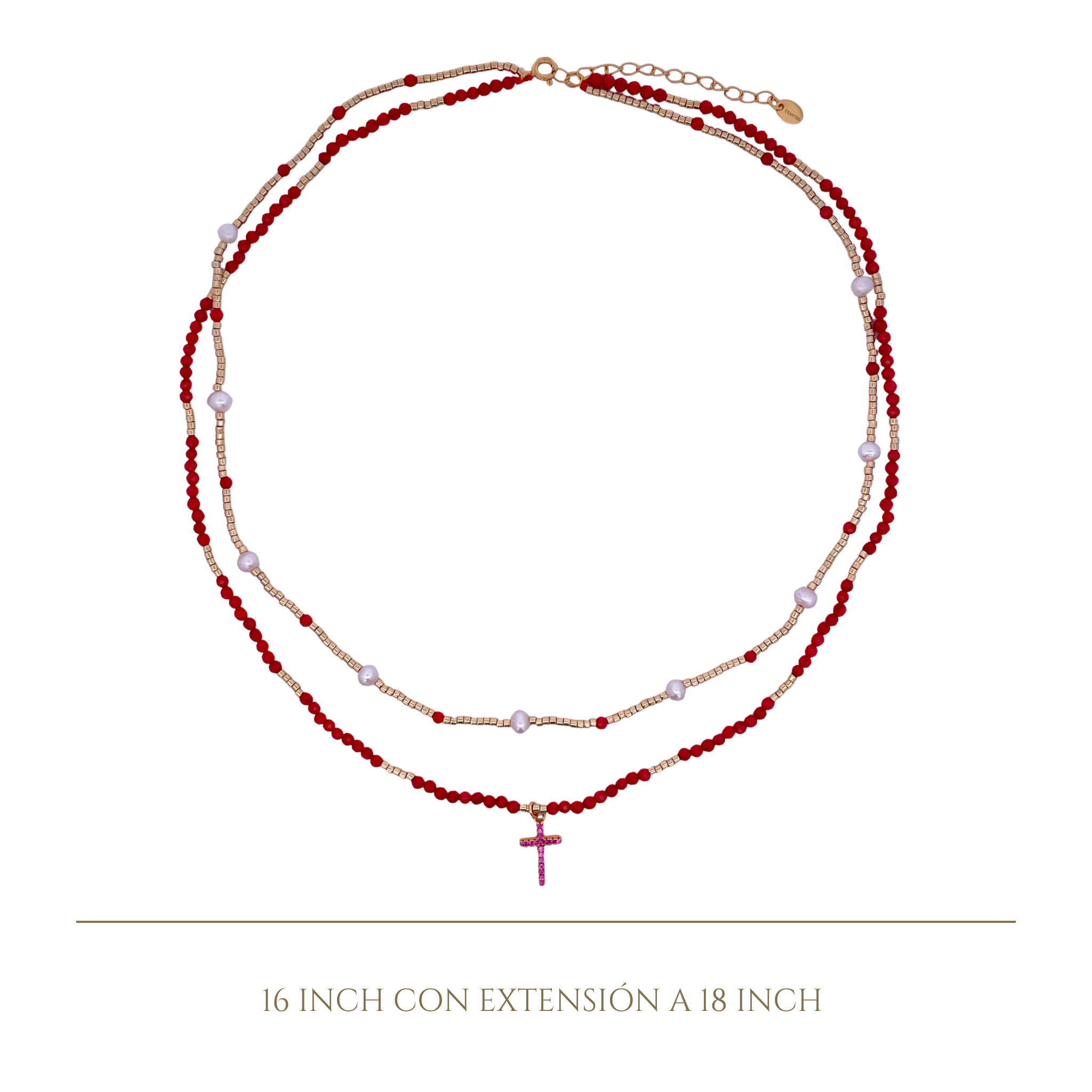 925YG DOUBLE LINE AND CROSS NECKLACE CORAL & PEARL
