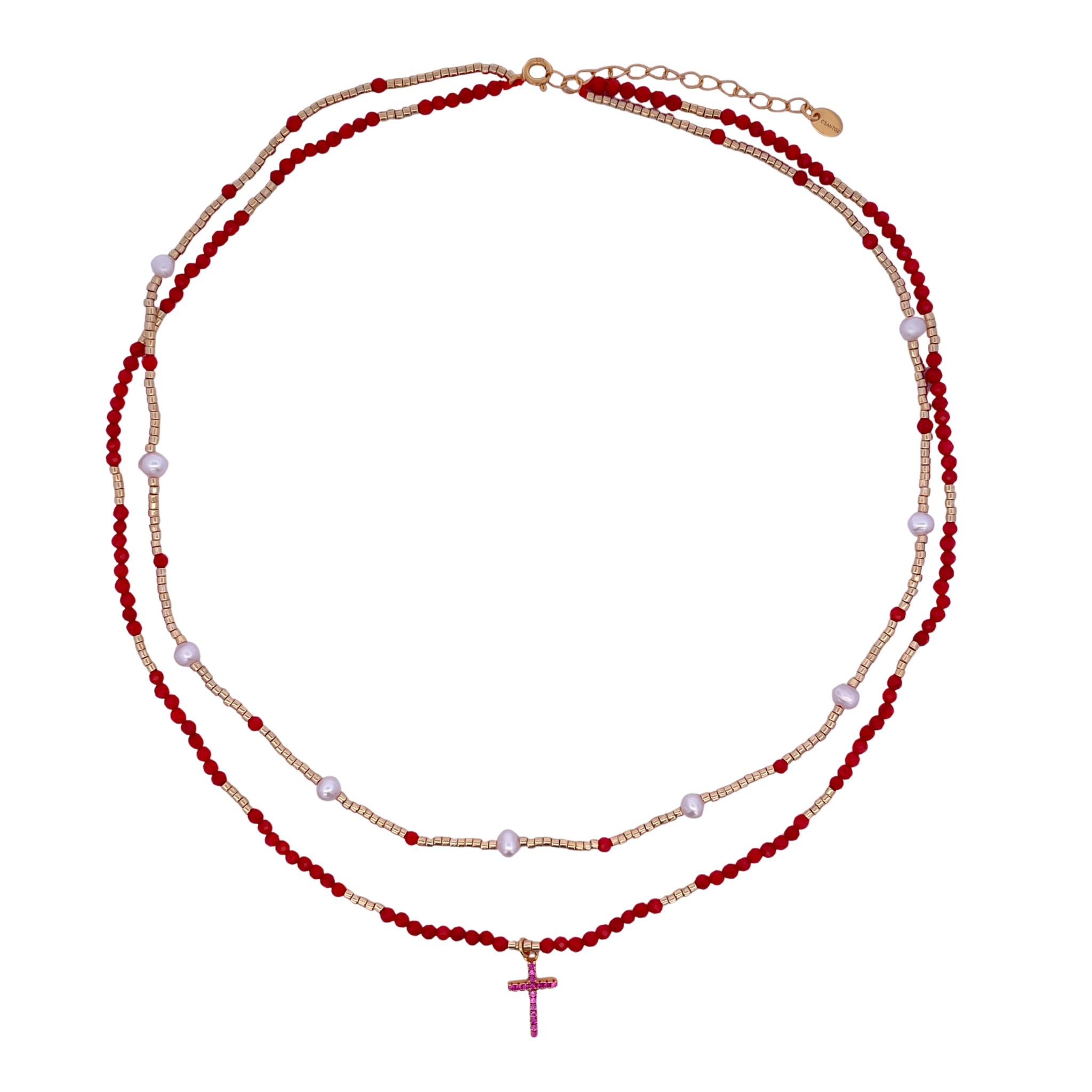 925YG DOUBLE LINE AND CROSS NECKLACE CORAL & PEARL