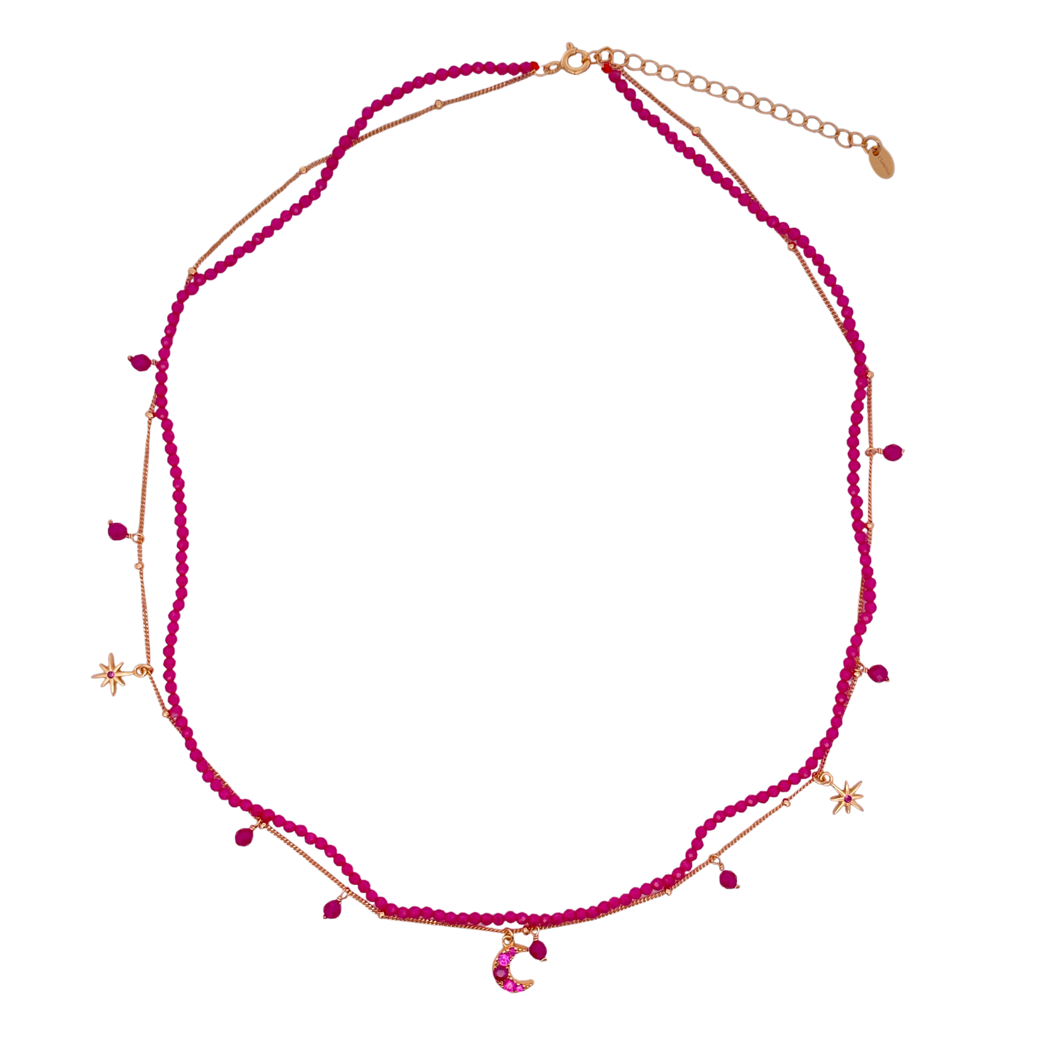 925YG DOUBLE LINE WITH CENTER MOON AND MULTI CHARM NECKLACE RUBY