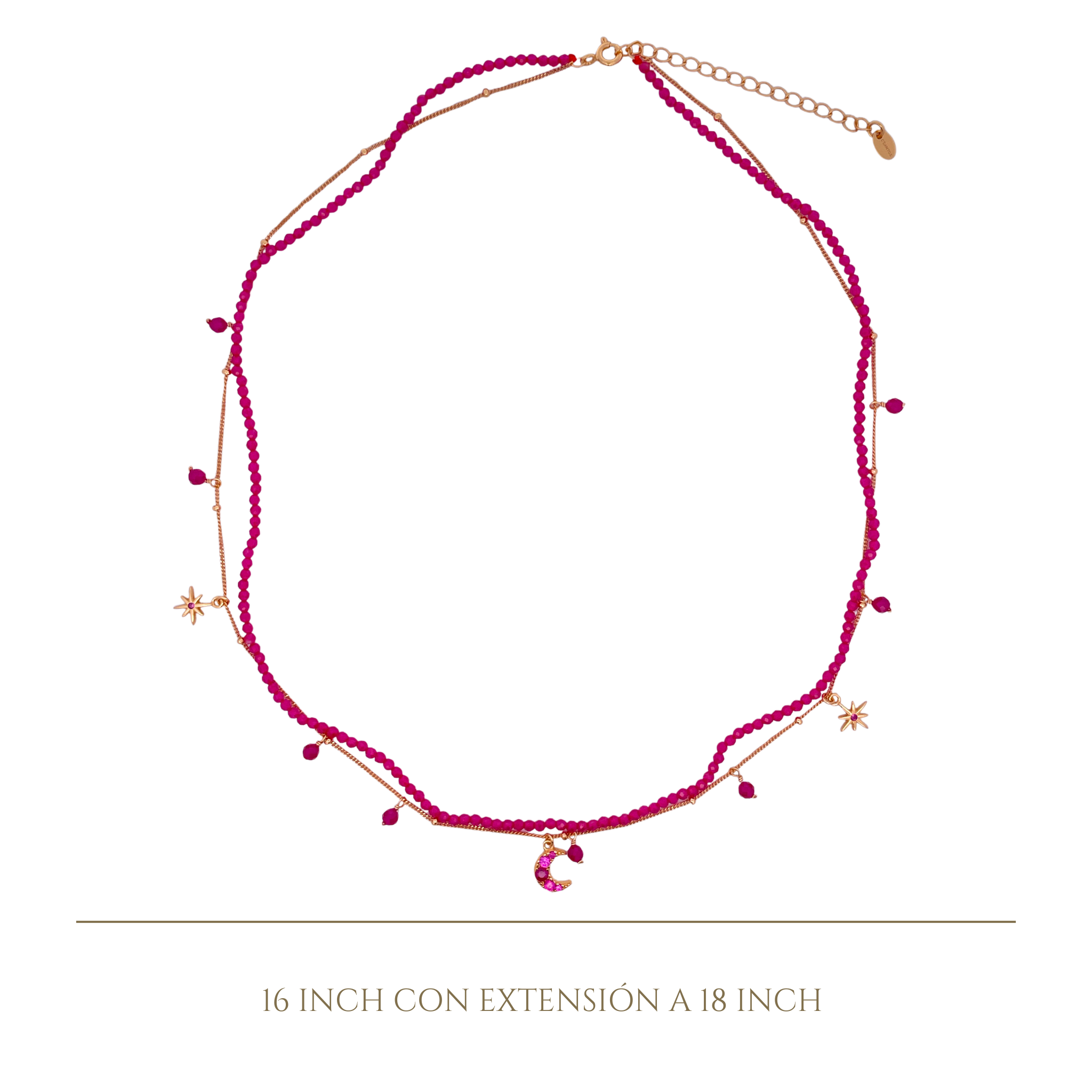 925YG DOUBLE LINE WITH CENTER MOON AND MULTI CHARM NECKLACE RUBY