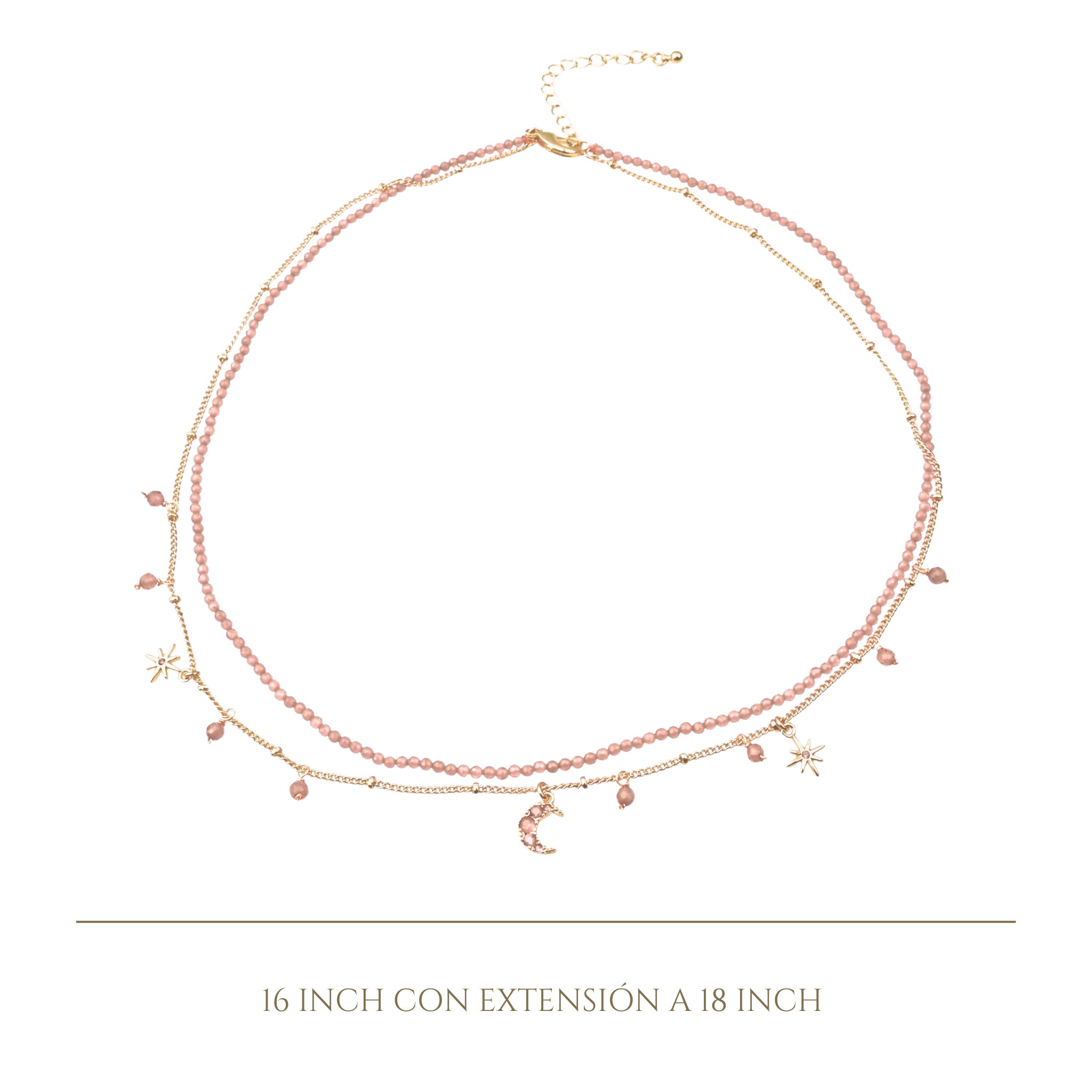 925YG DOUBLE LINE WITH CENTER MOON AND MULTI CHARM NECKLACE ROSE QUARTZ
