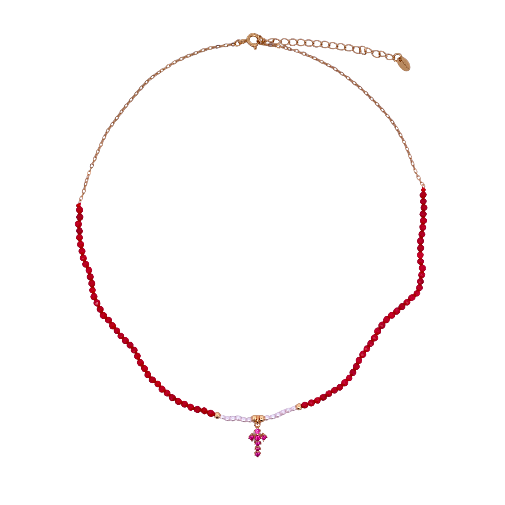 925YG HALF BEANDS WITH CROSS NECKLACE CORAL