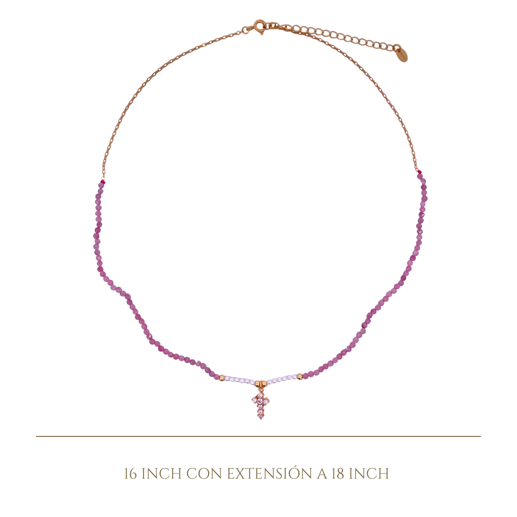 925YG HALF BEANDS WITH CROSS NECKLACE ROSE QUARTZ