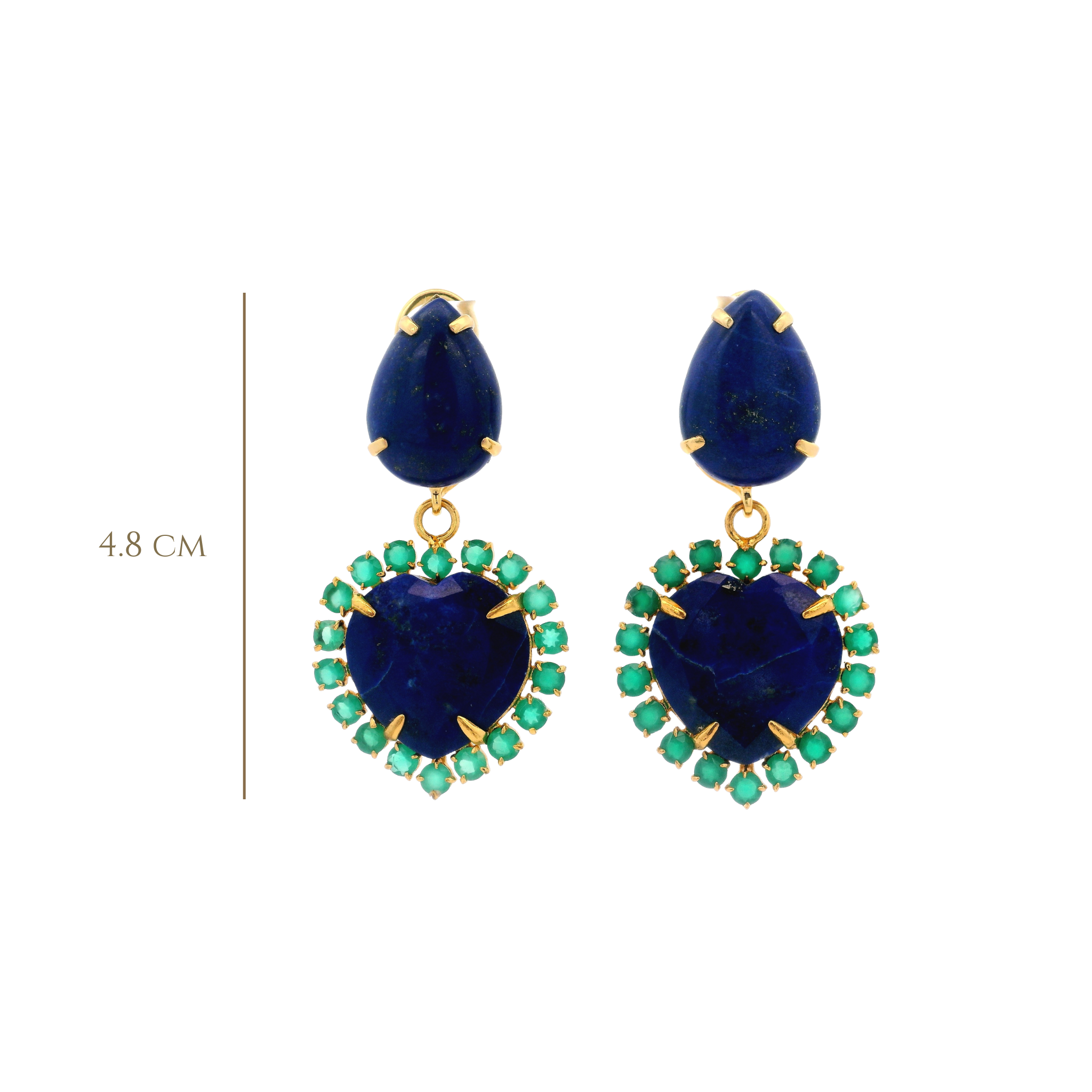 EARRINGS CABOCHON LAPIS PEAR TOP WITH REMOVABLE HEART SHAPE LAPIS SURROUNDED WITH GREEN QUARTZ