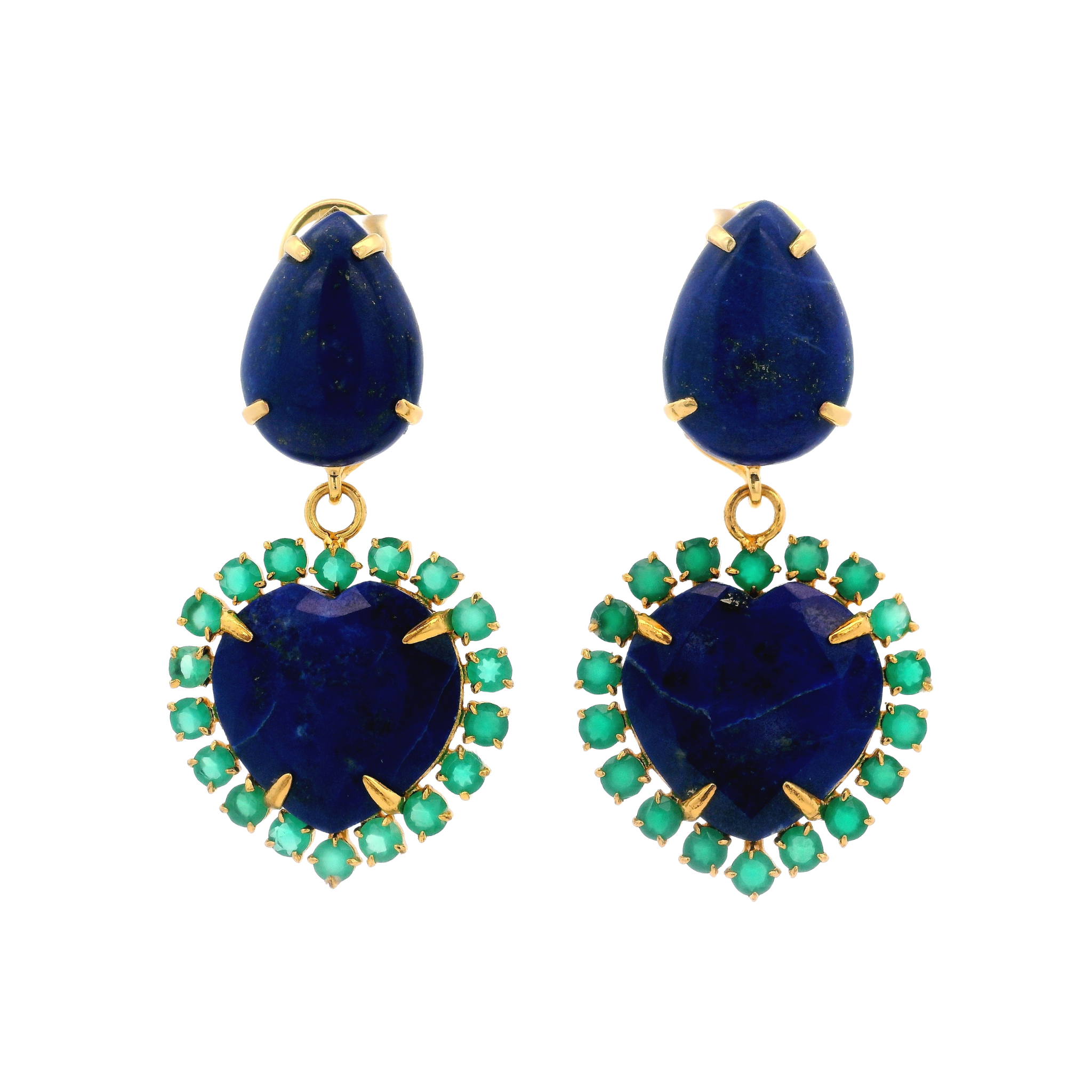 EARRINGS CABOCHON LAPIS PEAR TOP WITH REMOVABLE HEART SHAPE LAPIS SURROUNDED WITH GREEN QUARTZ