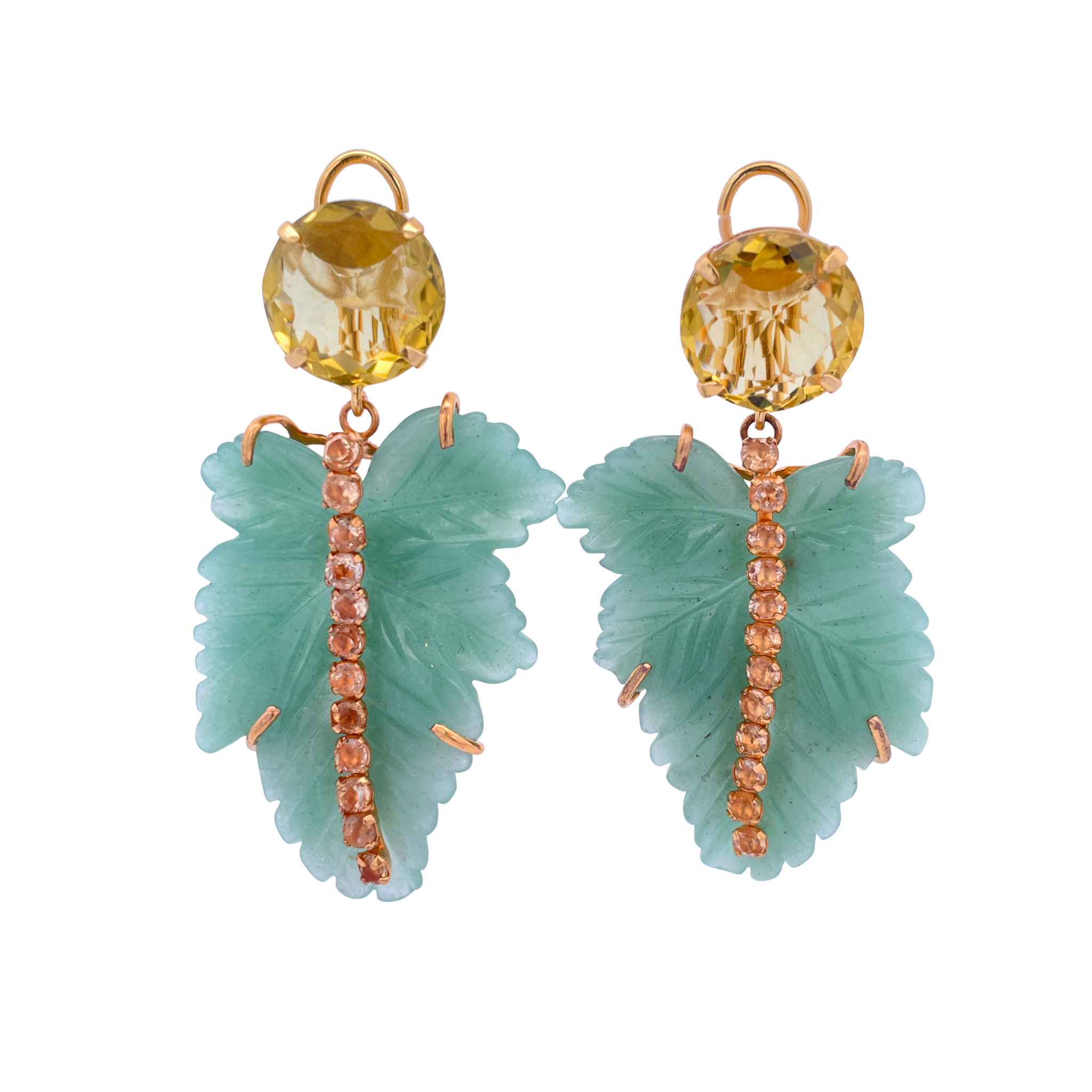 EARRINGS ROUND 20MM FACTED LEMON QUARTZ WITH CARVED GREEN AVENTURINE LEAF DROP