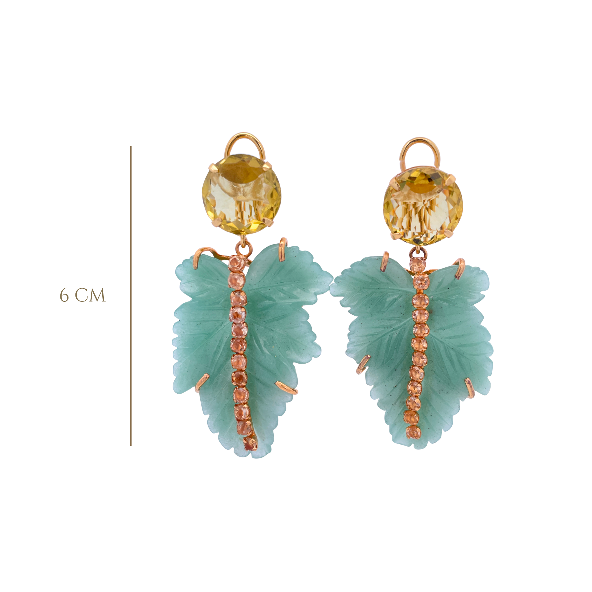 EARRINGS ROUND 20MM FACTED LEMON QUARTZ WITH CARVED GREEN AVENTURINE LEAF DROP