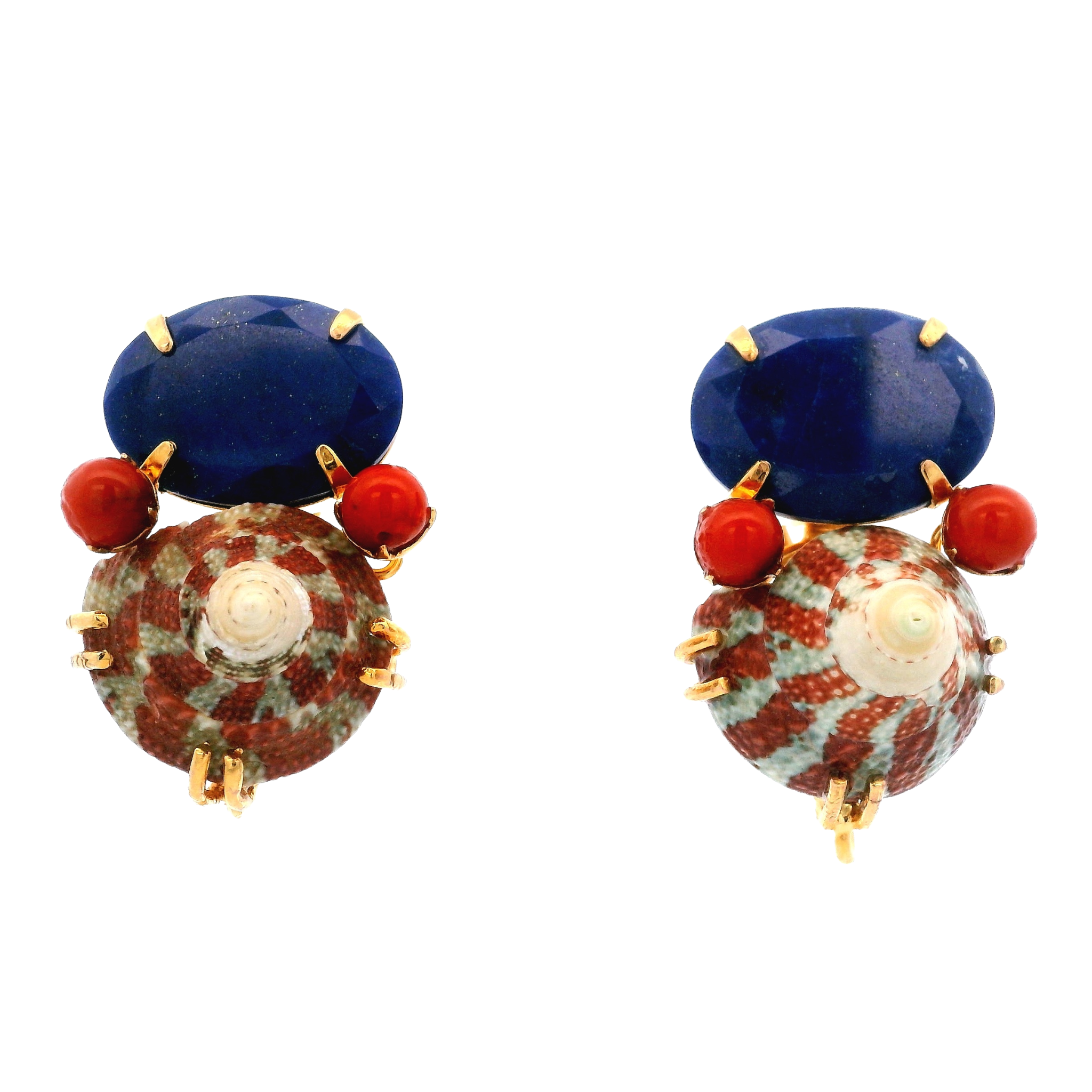 EAR CLIP SET WITH LAPIS CORAL AND RED SEA SHELL