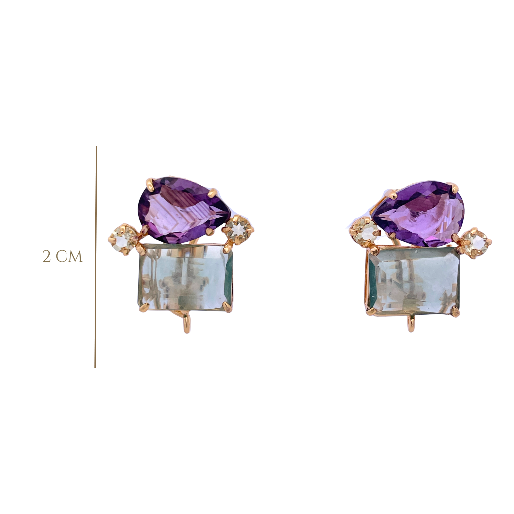 EARRINGS CLUSTER WITH PEAR AMETHYST EMERALD CUT FLUORITE AND WHITE TOPAZ ON THE SIDES