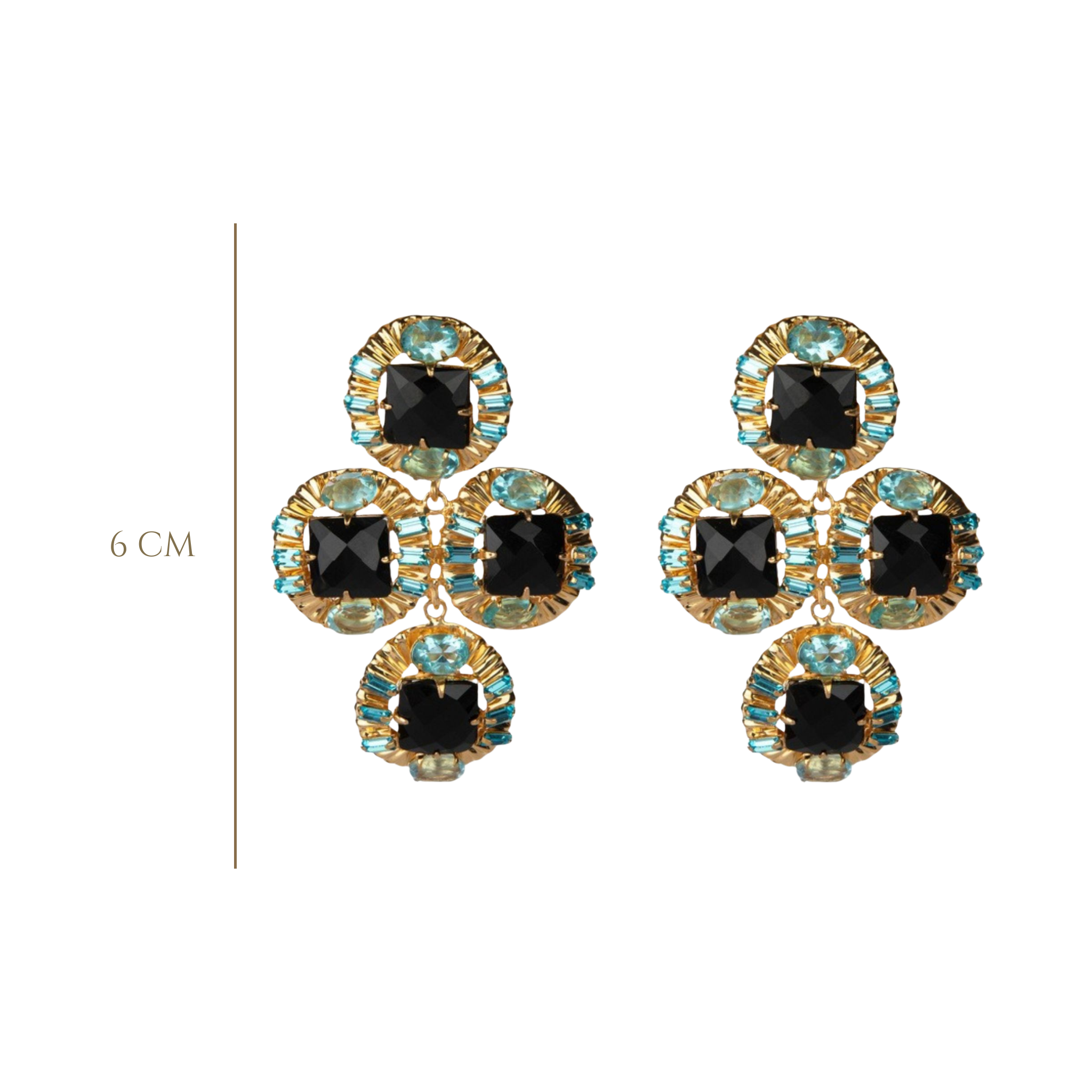 EARRINGS FANCY OVAL METAL SET WITH SQUARE BLACK ONYX AND BLUE CZ BAGUETTES