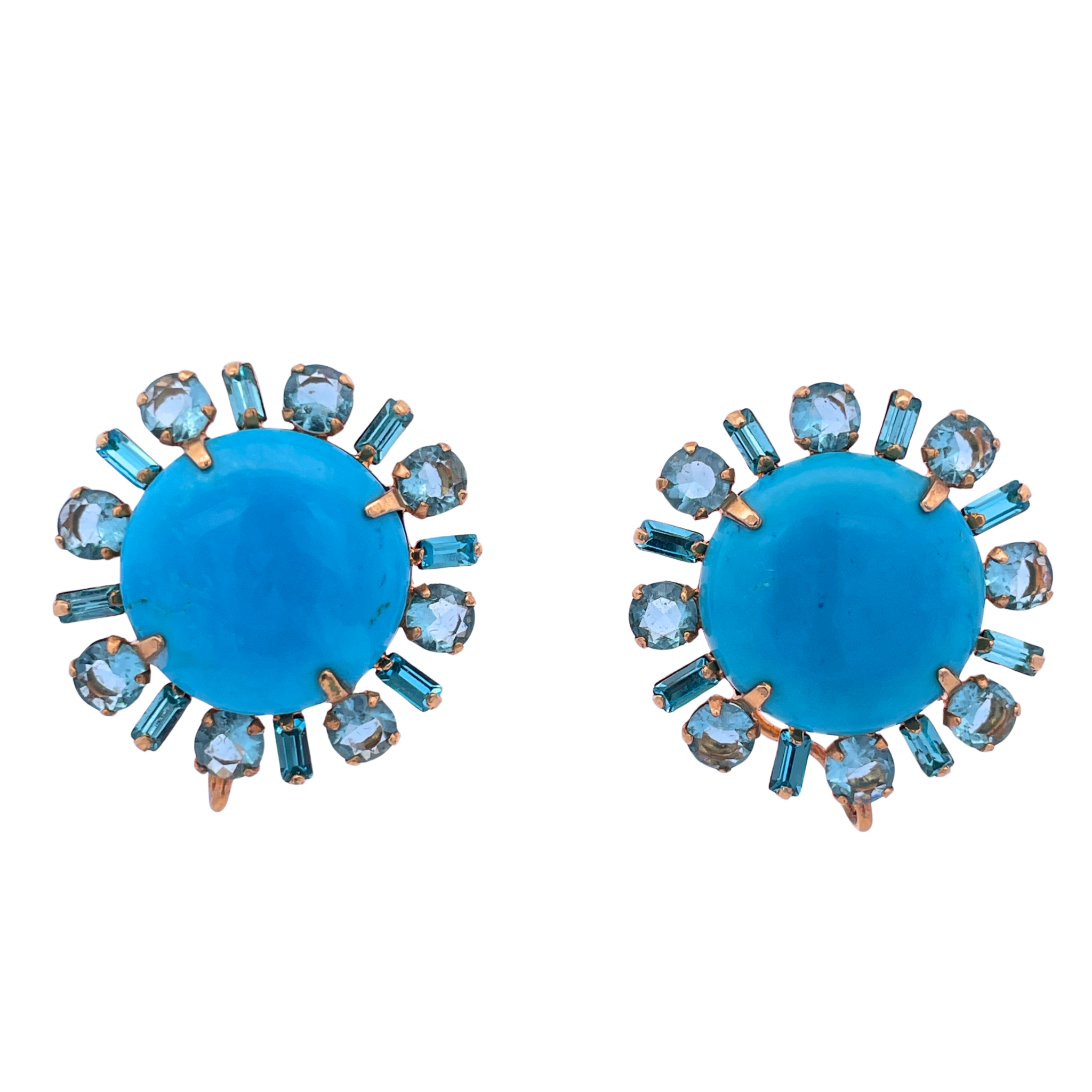 BUTTON EARRING ROND 20MM TURQUOISE CAB SURROUNDED WITH CZ BAGUETTES AND BLUE TOPAZ 4MM