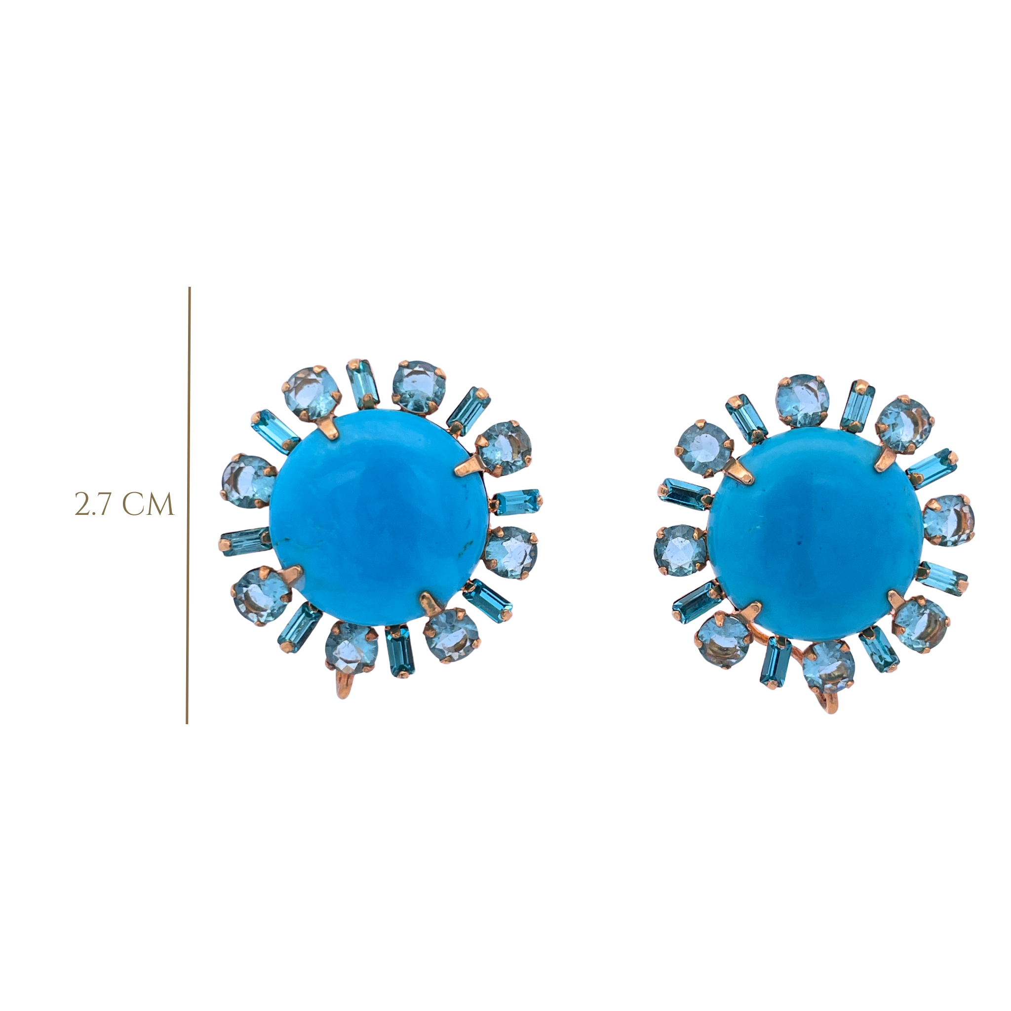 BUTTON EARRING ROND 20MM TURQUOISE CAB SURROUNDED WITH CZ BAGUETTES AND BLUE TOPAZ 4MM