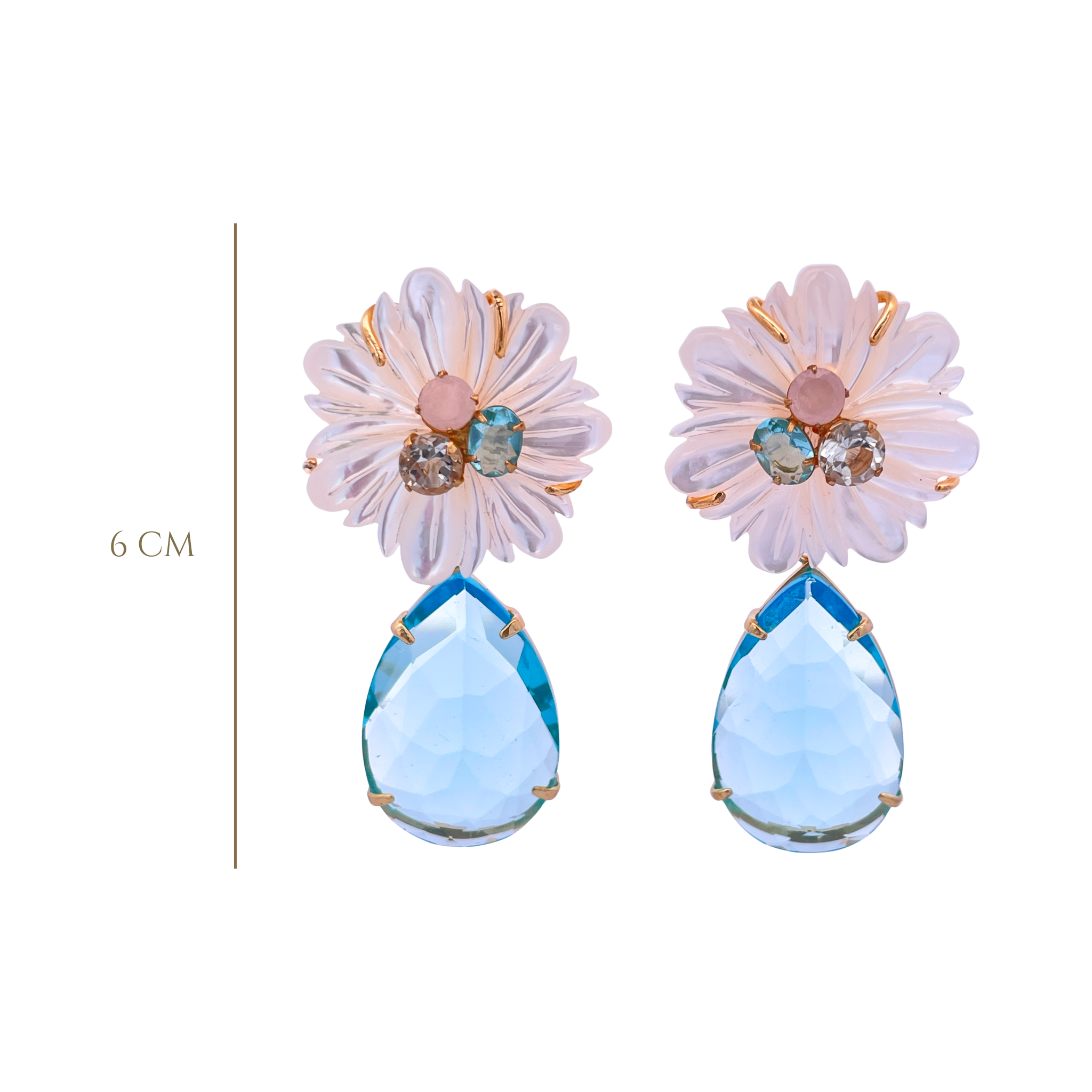 EARRINGS CARVED MOTHER OF PEARL FLOWER WITH LEMON BLUE & ROSE QUARTZ CENTER AND 30X20 BLUE QUARTZ PE