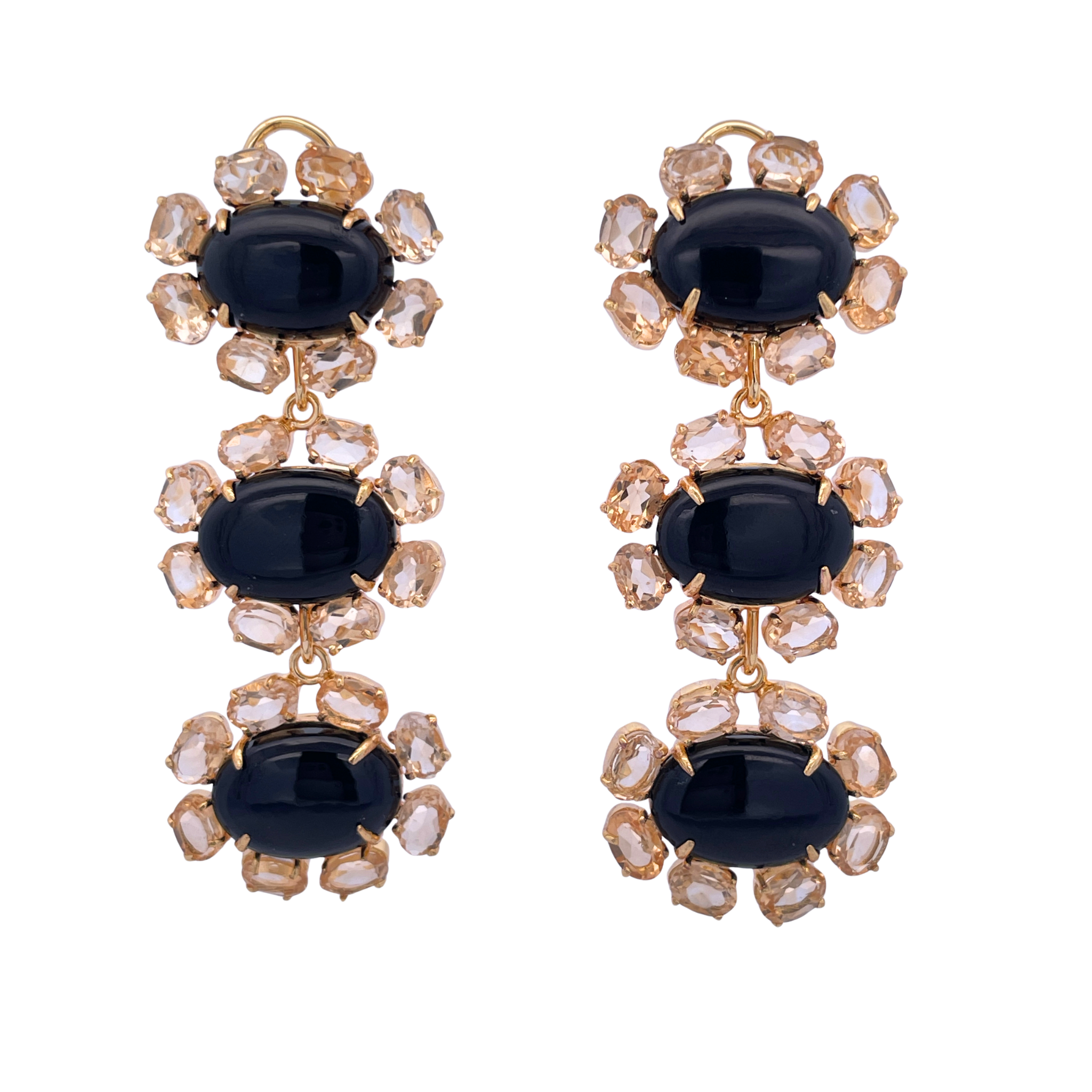 EARRINGS ROW OF THREE OVAL 16X11 BLACK ONYX CABOCHON SURROUNDED WITH 6X4 OVAL CUT CITRINE