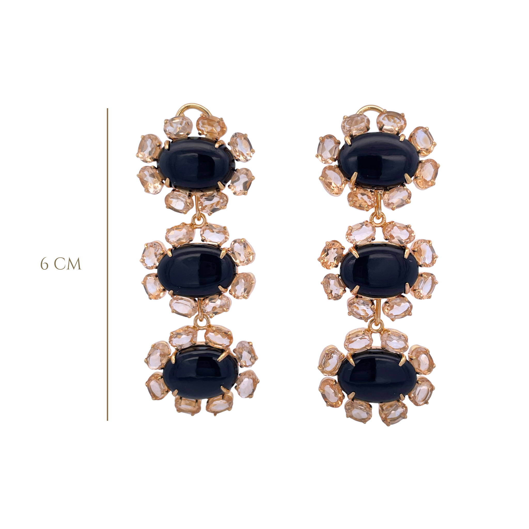 EARRINGS ROW OF THREE OVAL 16X11 BLACK ONYX CABOCHON SURROUNDED WITH 6X4 OVAL CUT CITRINE