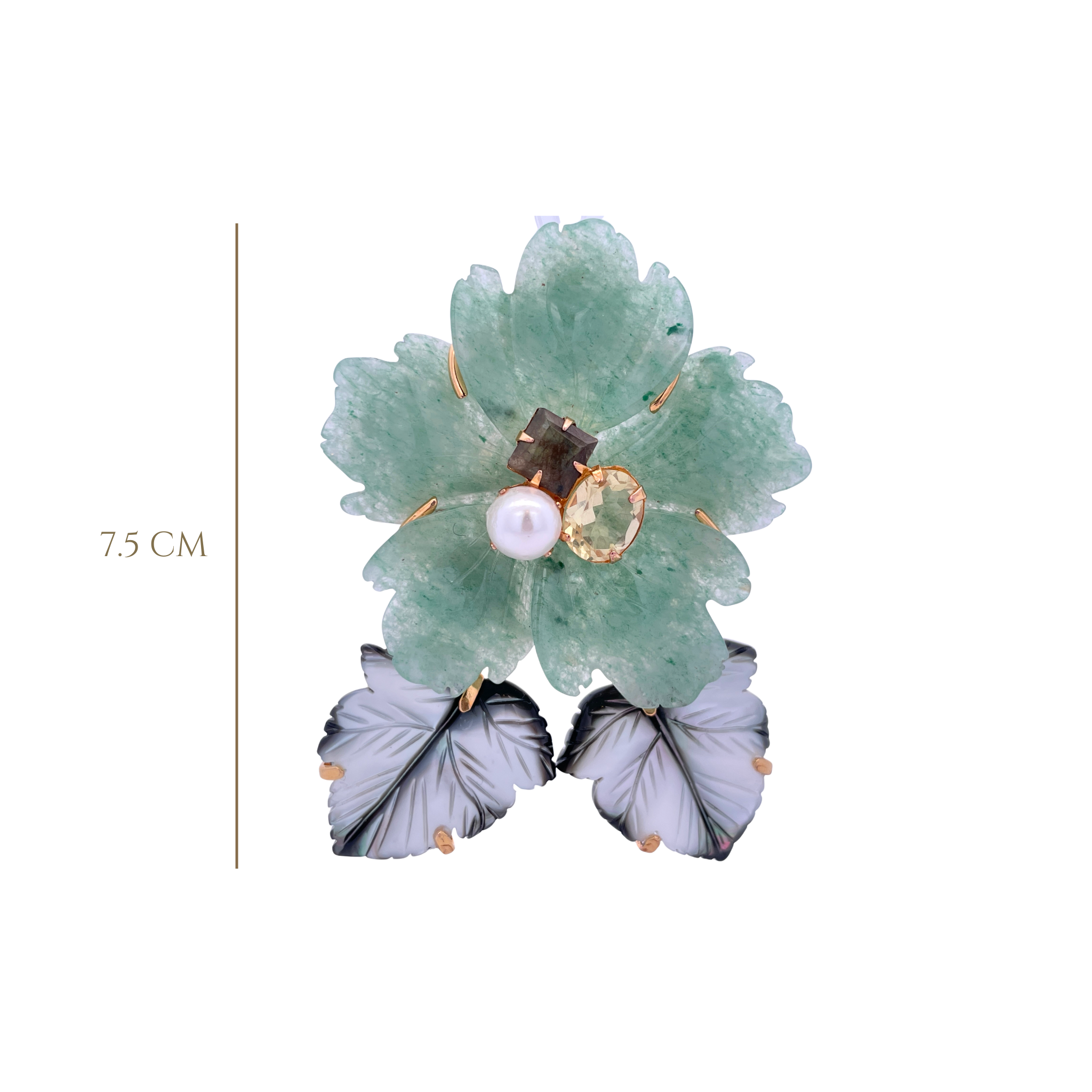 PIN BROOCH SET WITH 55MM GREEN AVENTURINE FLOWER 2 BLACK MOTHER OF PEARLS LEAVES WITH PEARL CITRINE
