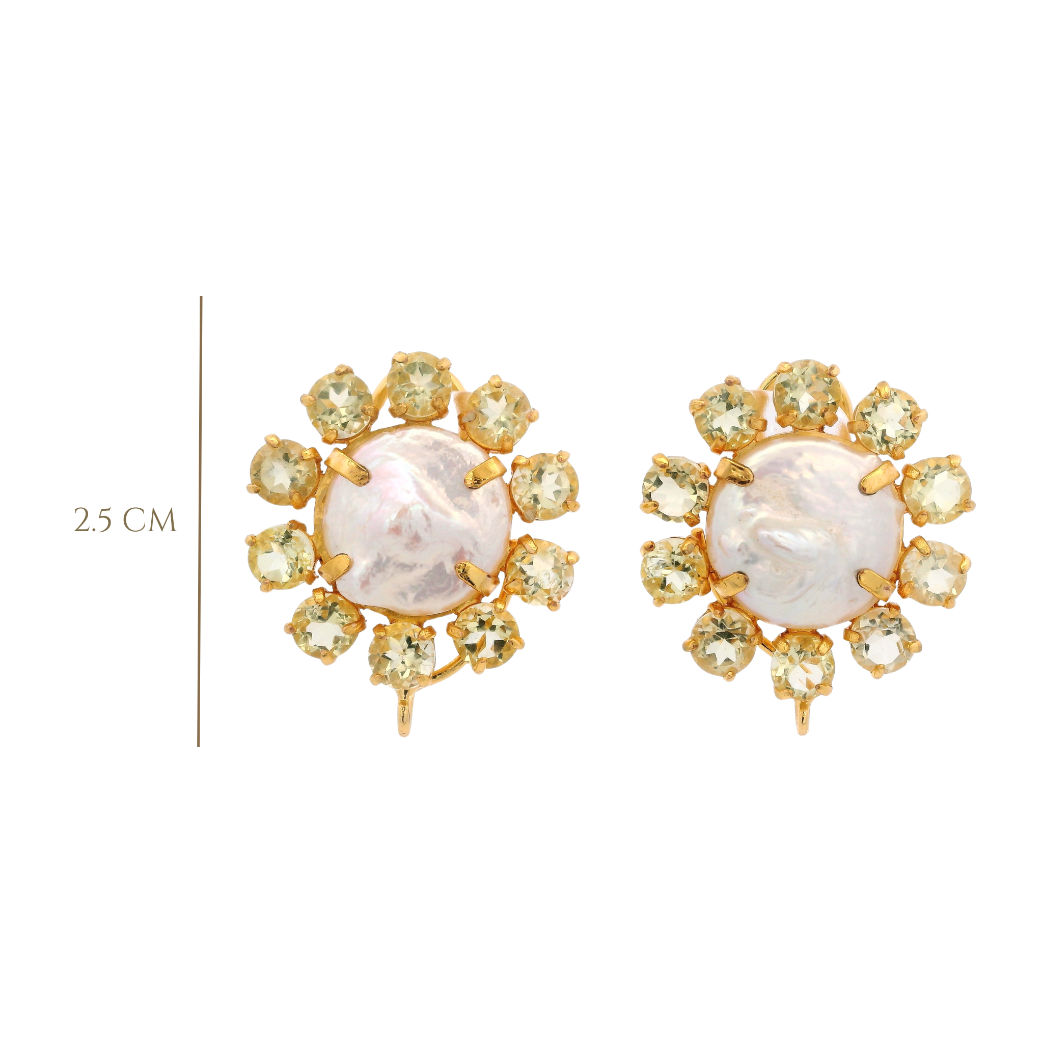 EARRINGS FLOWER SHAPE 15 MM ROUND PEARL SURROUNDED WITH FACETED ROUND LEMON QUARTZ