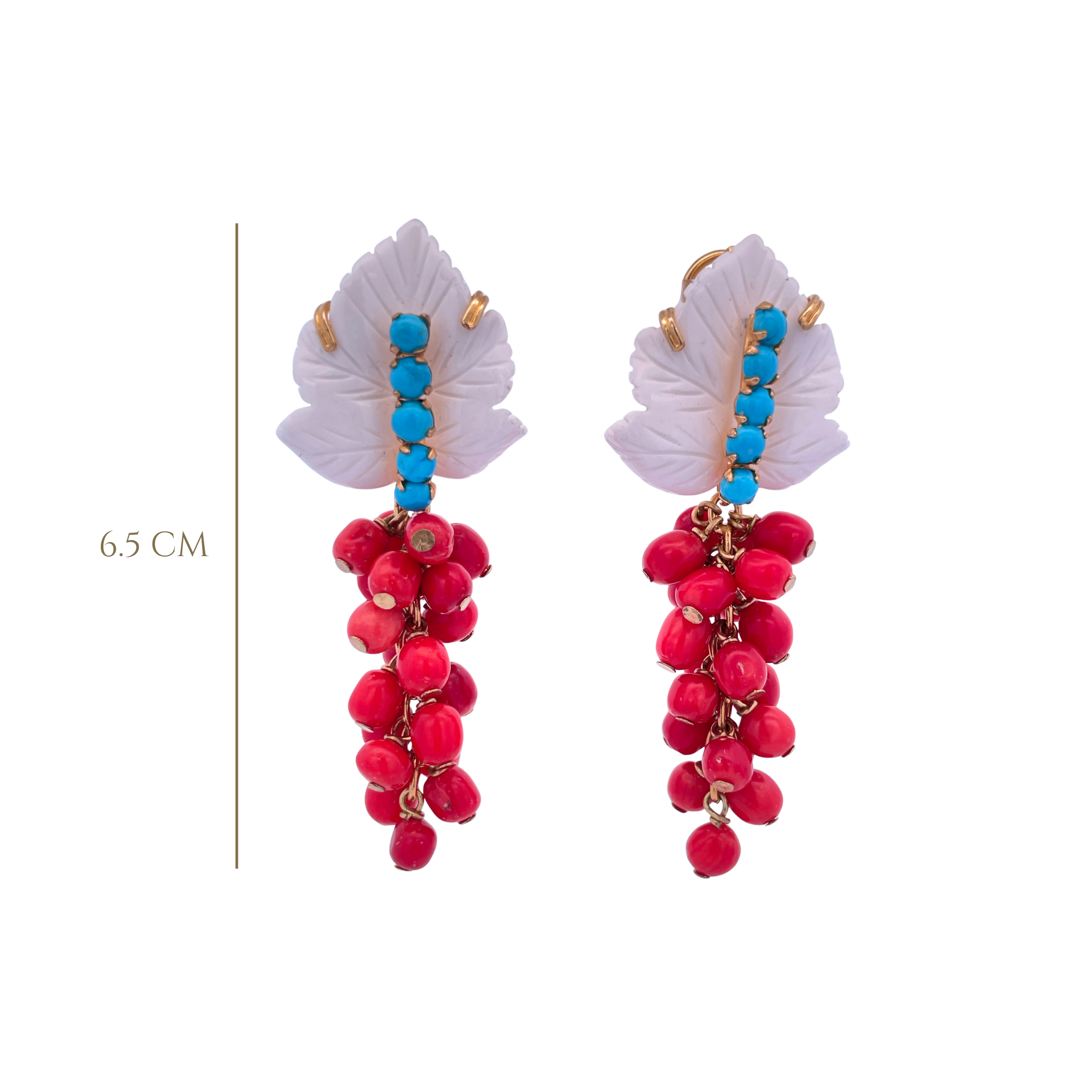 EARRINGS WHITE AGATE LEAF TURQUOISE CENTER AND CORAL BEADS VIGNE