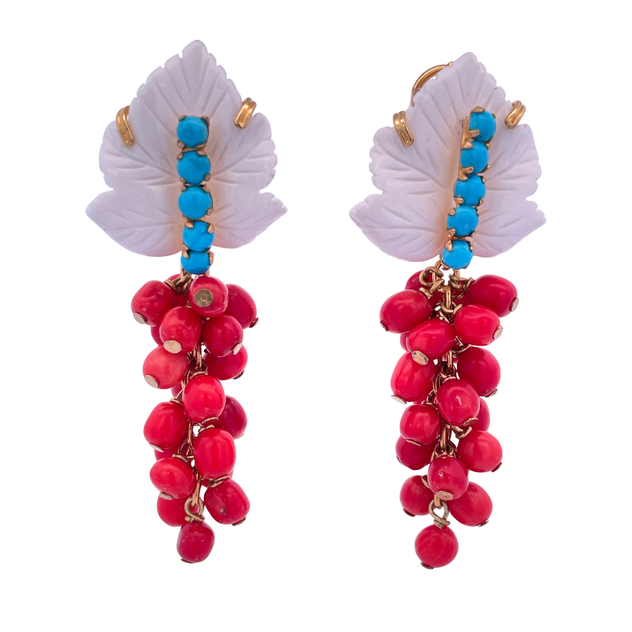 EARRINGS WHITE AGATE LEAF TURQUOISE CENTER AND CORAL BEADS VIGNE