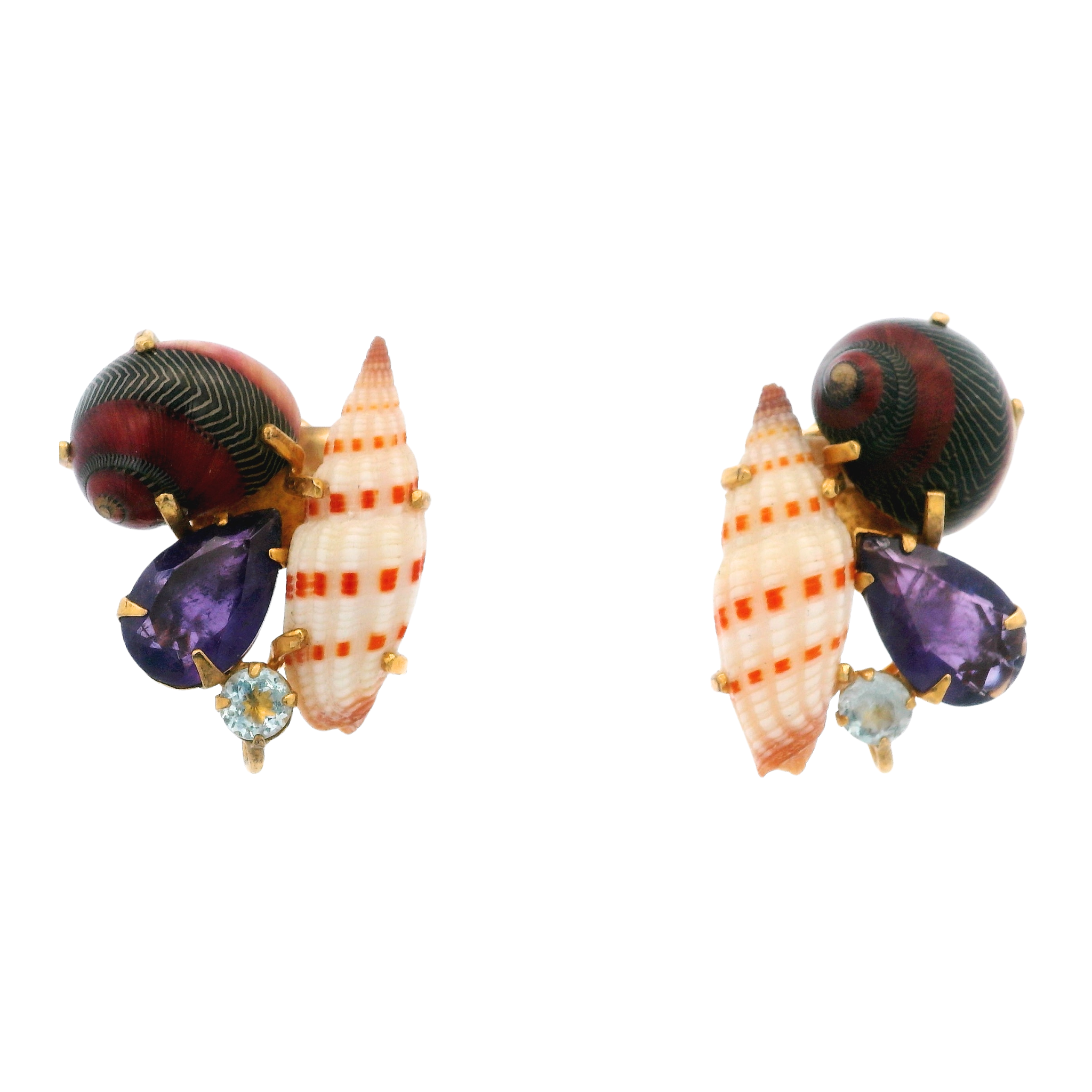 EAR CLIP SET WITH COLORFUL SEA SHELLS GREEN AMETHYST AND AMETHYST