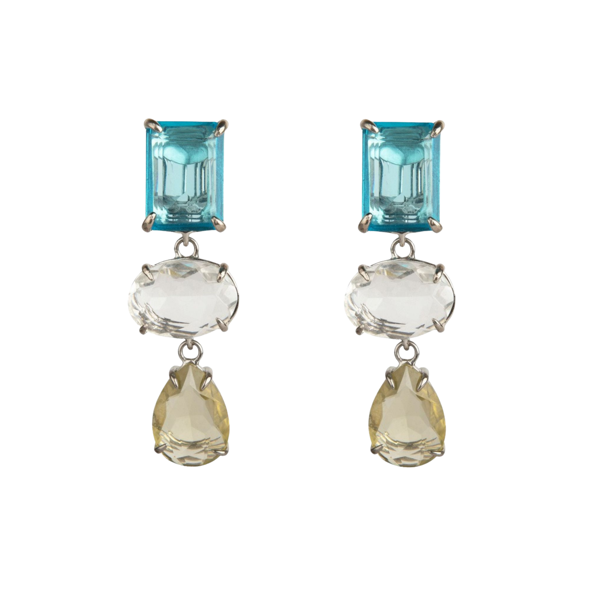 EARRINGS 18X13 OCTAGON BLUE QUARTZ WITH CLEAR QUARTZ OVAL CENTER AND 18X13 PEAR LEMON QUARTZ DROP RH