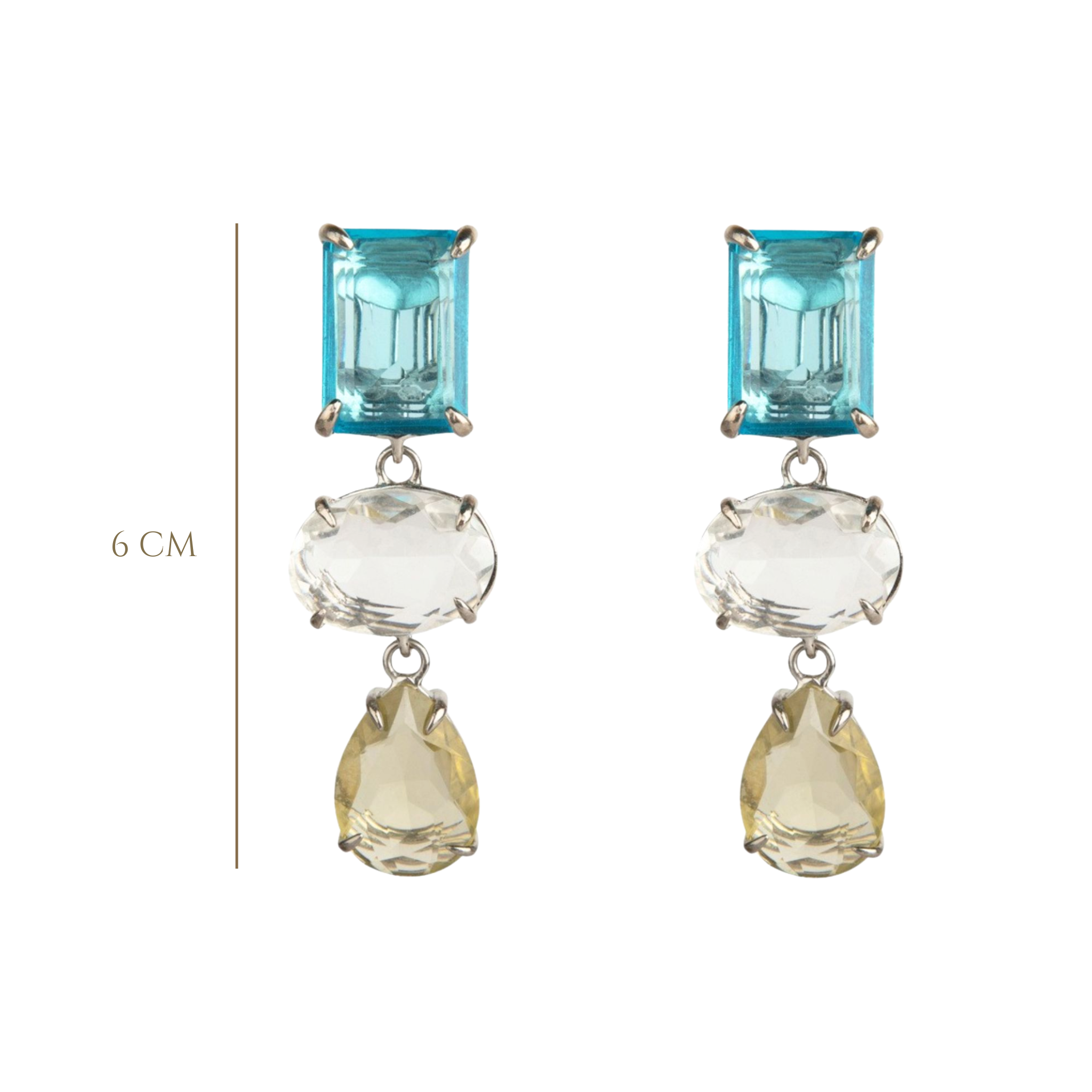EARRINGS 18X13 OCTAGON BLUE QUARTZ WITH CLEAR QUARTZ OVAL CENTER AND 18X13 PEAR LEMON QUARTZ DROP RH