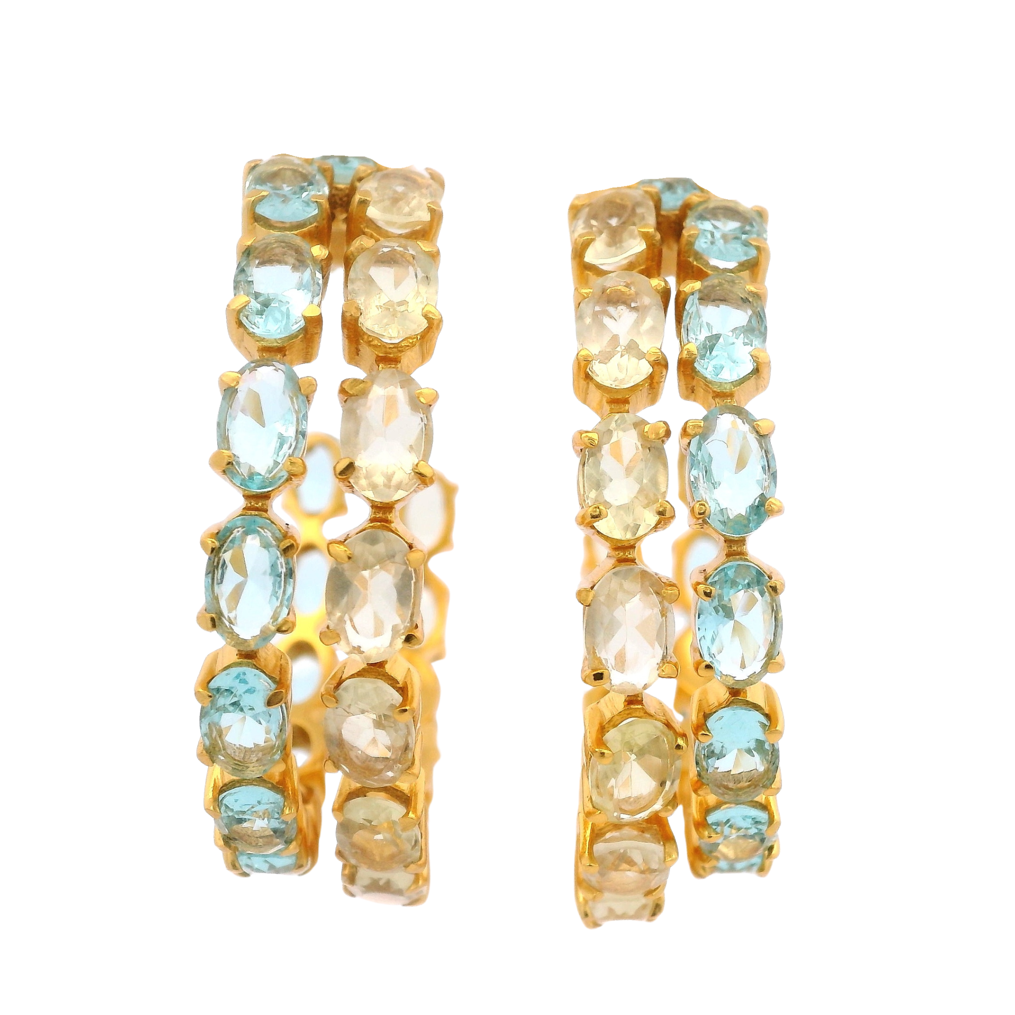 HOOP EARRINGS TWO ROWS SET WITH 6X4 OVAL BLUE TOPAZ AND CITRINE