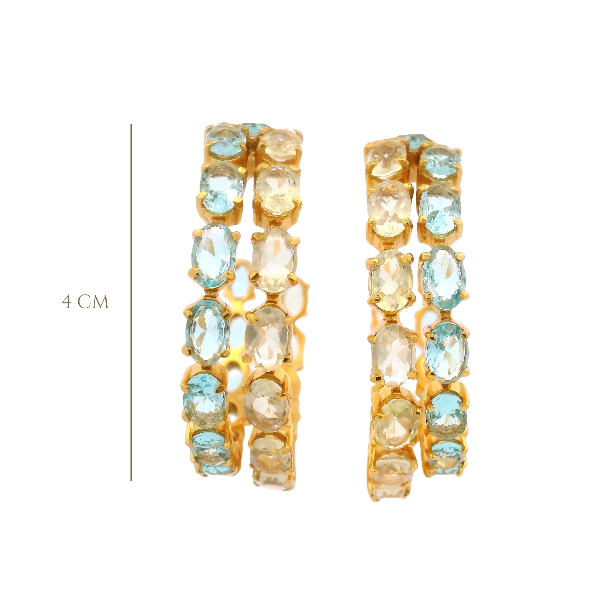 HOOP EARRINGS TWO ROWS SET WITH 6X4 OVAL BLUE TOPAZ AND CITRINE