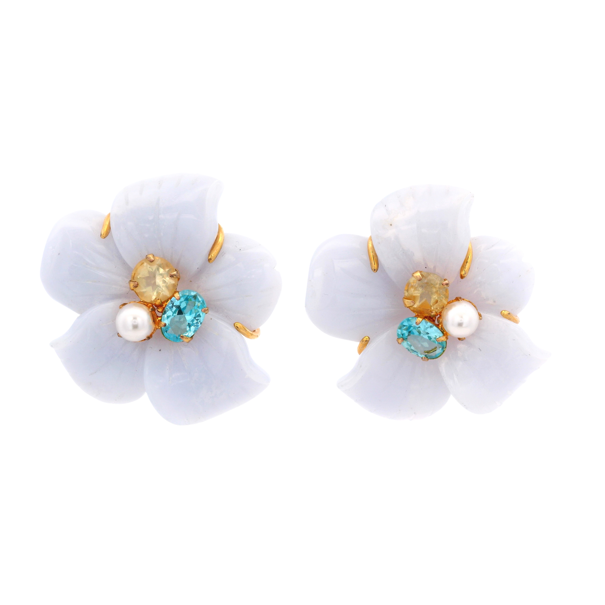 CARVED BLUE LACE FLOWER EARRINGS SET WITH LEMON QUARTZ GREEN AMETHYST AND PEARL