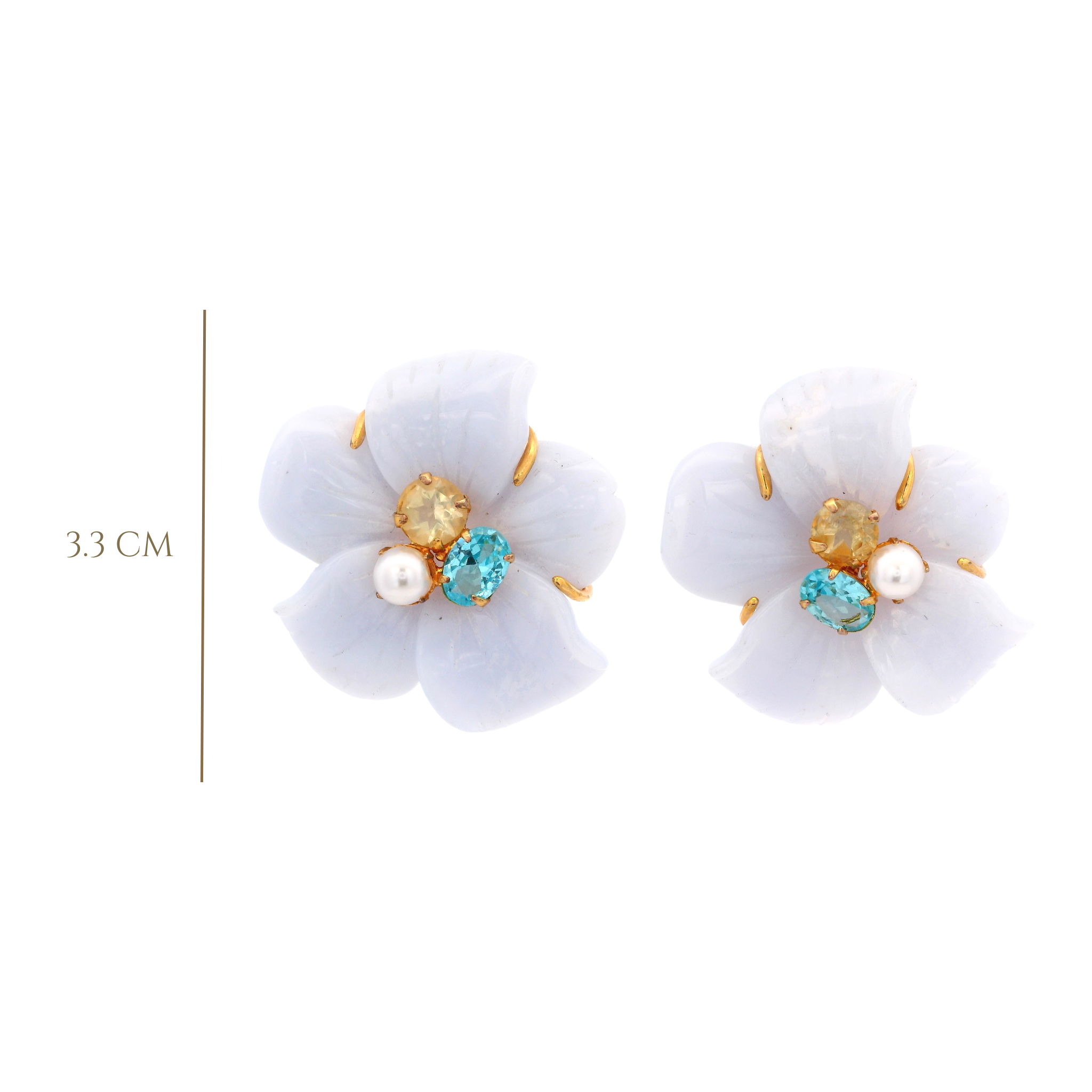 CARVED BLUE LACE FLOWER EARRINGS SET WITH LEMON QUARTZ GREEN AMETHYST AND PEARL