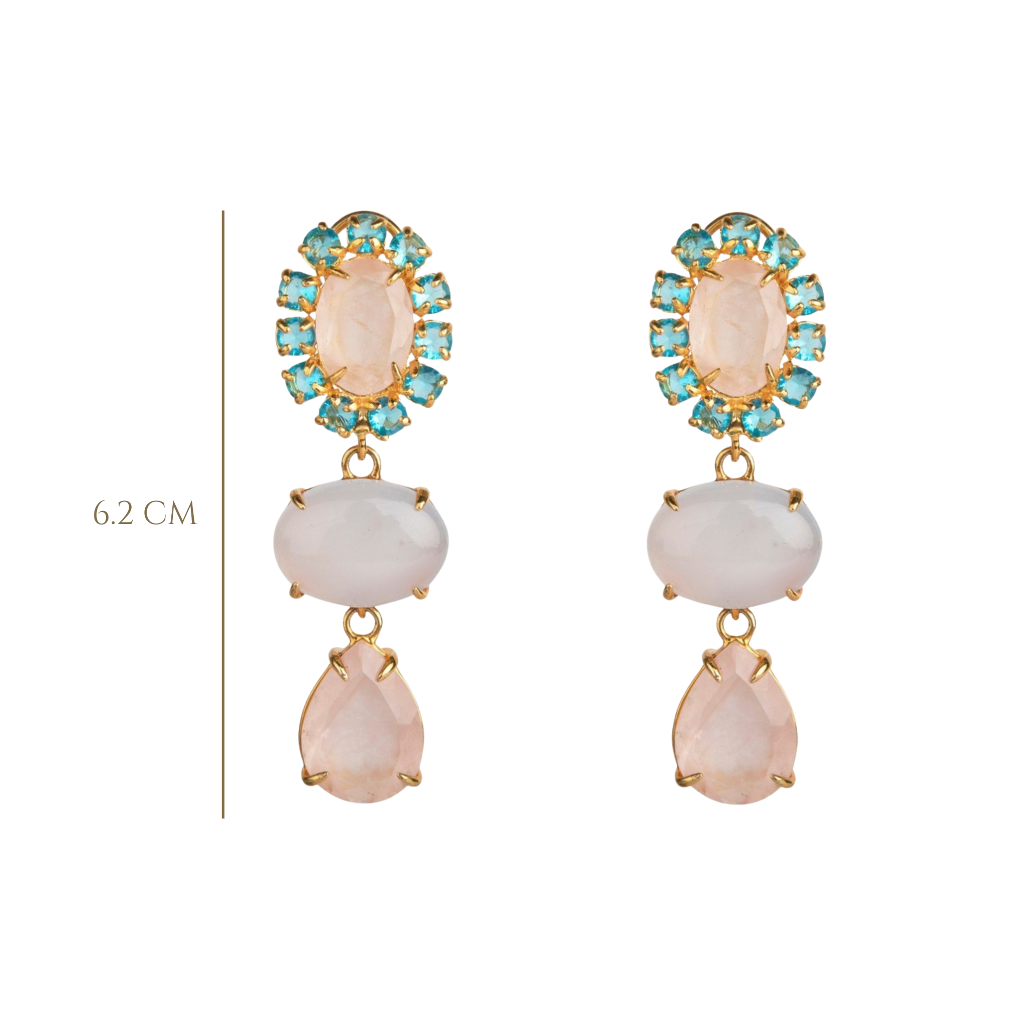 EARRINGS GOLD PLATED BRASS SET WITH ROSE QUARTZ AND BLUE QUARTZ