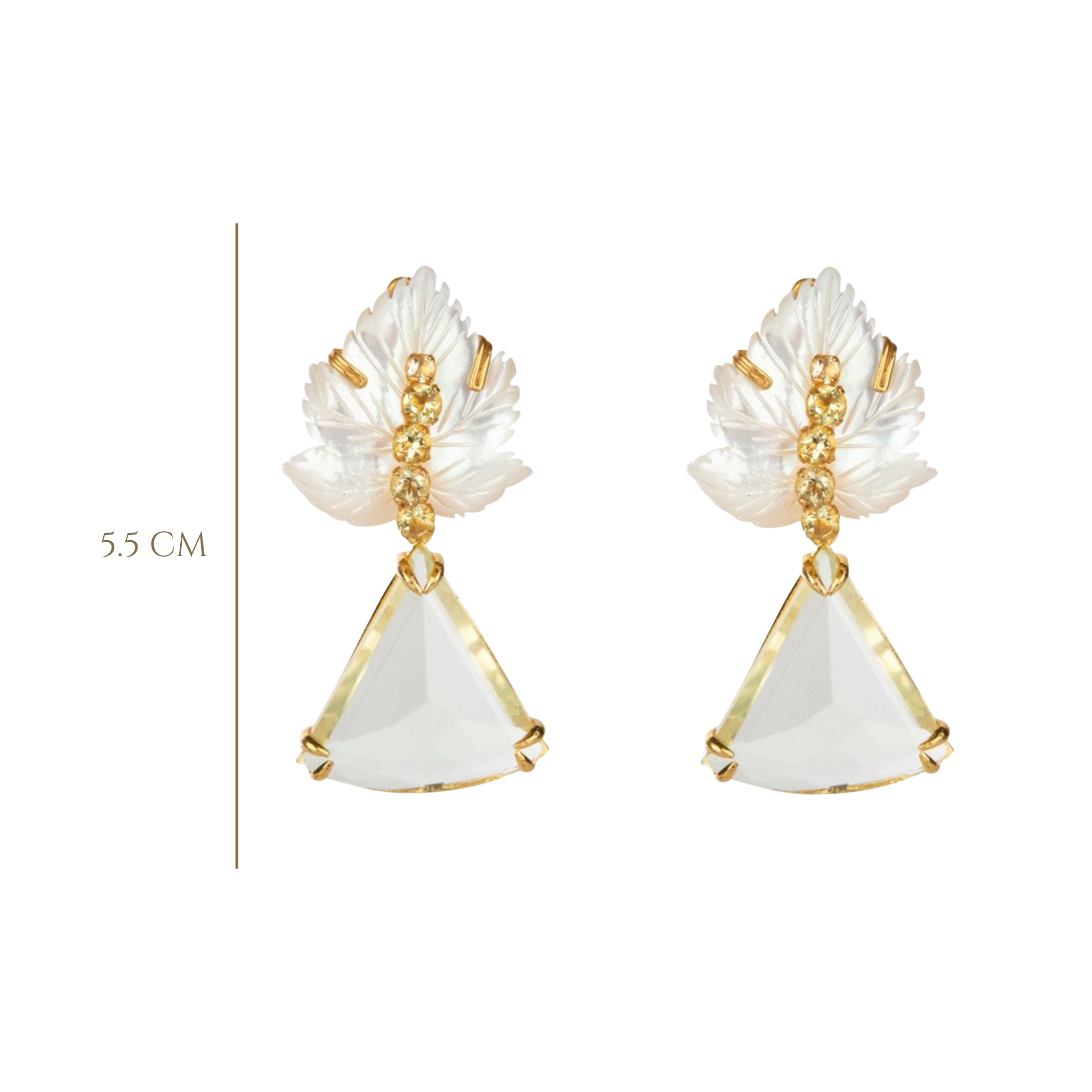 EARRINGS MOTHER OF PEARL LEAF WITH LEMON QUARTZ CENTER AND TRLLION DROP