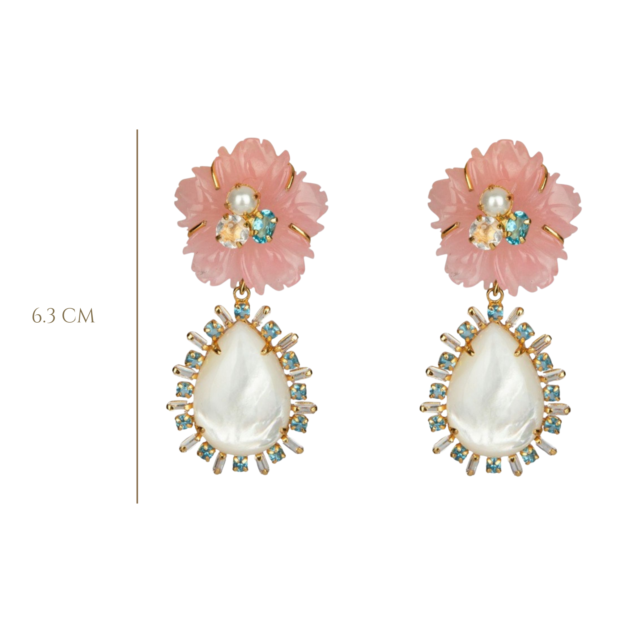 EARRINGS CARVED ROSE QUARTZ FLOWER WITH PEAR MOTHER OF PEARL DROP SURROUNDED WITH BLUE TOPAZ AND CLE