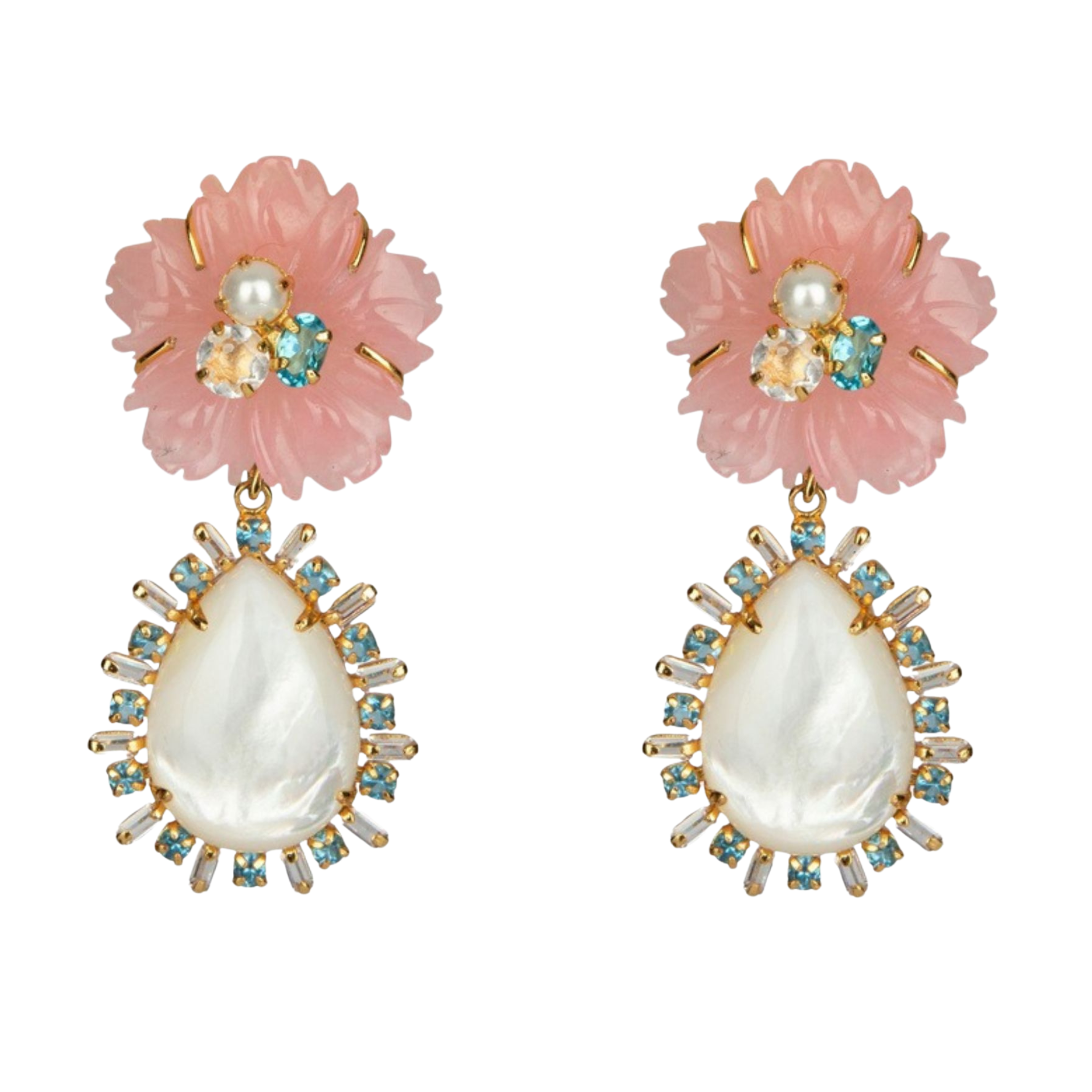 EARRINGS CARVED ROSE QUARTZ FLOWER WITH PEAR MOTHER OF PEARL DROP SURROUNDED WITH BLUE TOPAZ AND CLE
