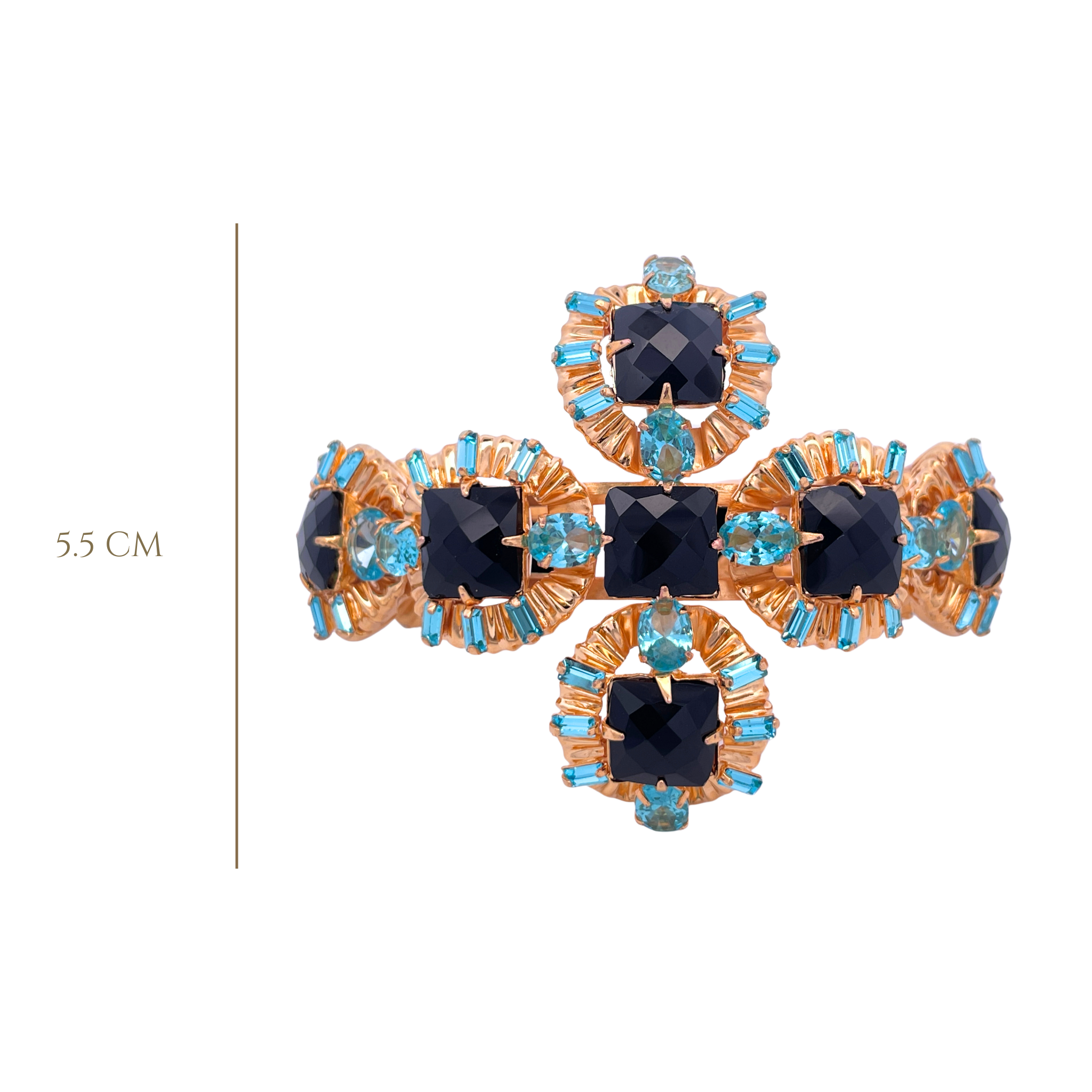 CUFF MALTESE CROSS WITH OVAL METAL SHAPES SET WITH BLAK ONYX AND BLUE QUARTZ