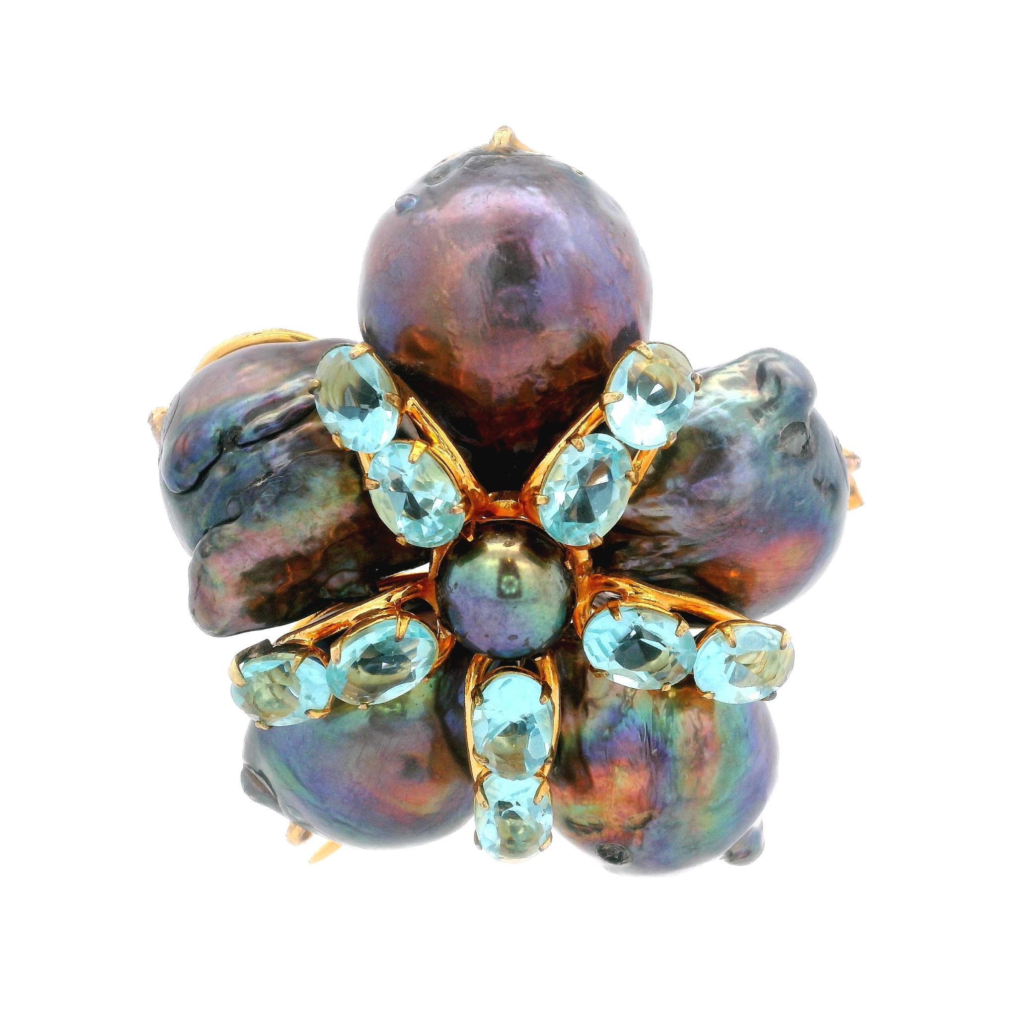 BROOCH PENDANT SET WITH GRAY KESHI PEARLS AND BLUE QUARTZ