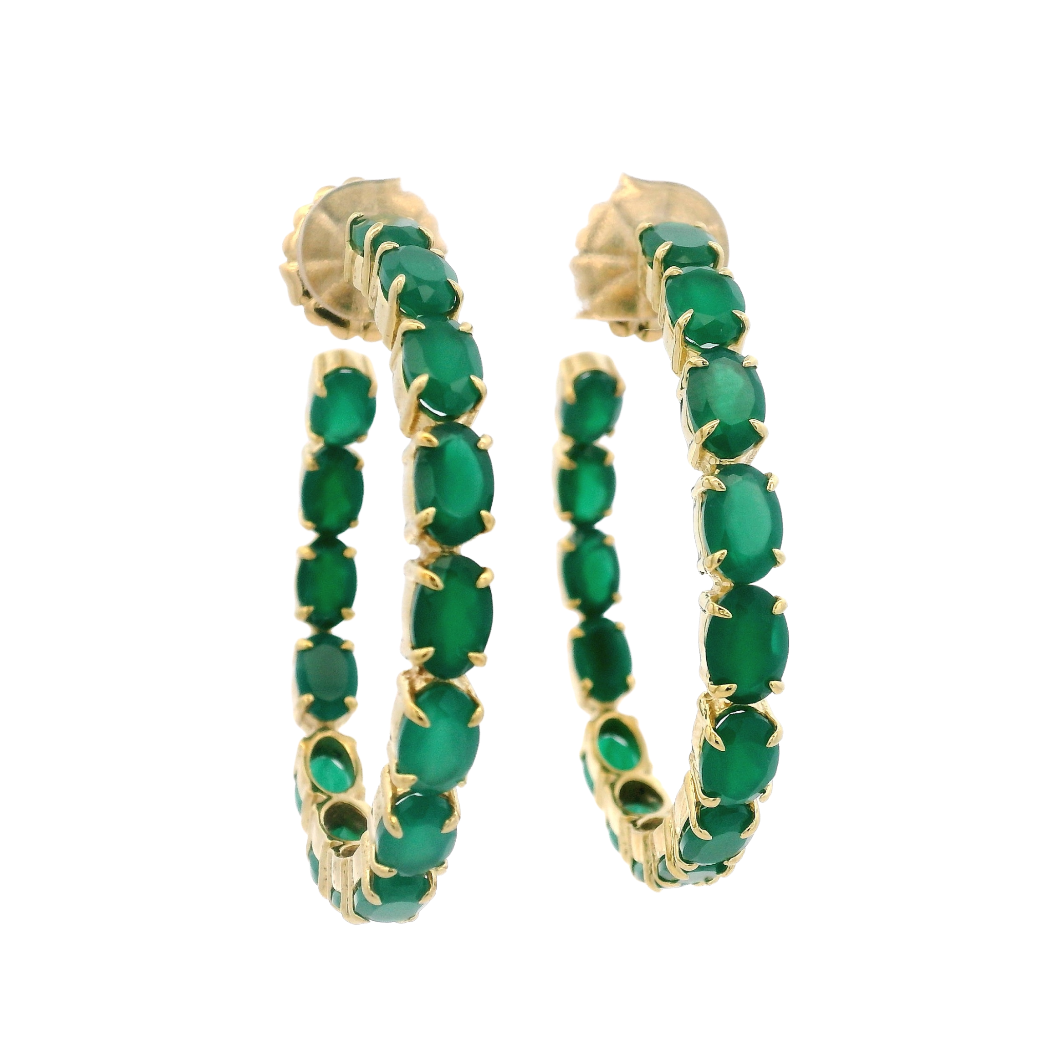 HOOP EARRINGS SET WITH OVAL FACETED GREEN ONYX